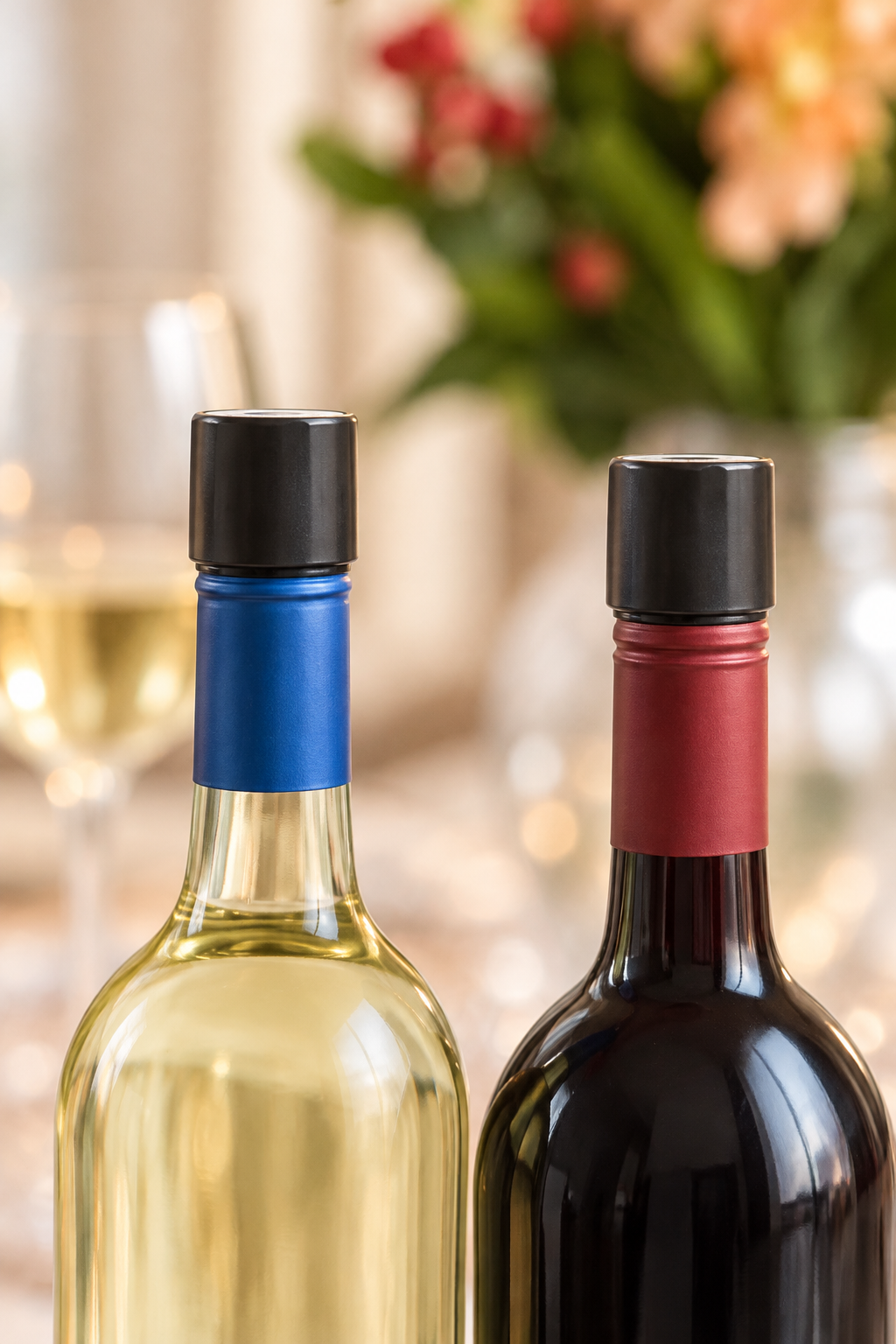 Een fles witte en een fles rode wijn, allebei afgesloten met een Coravin schroefdop