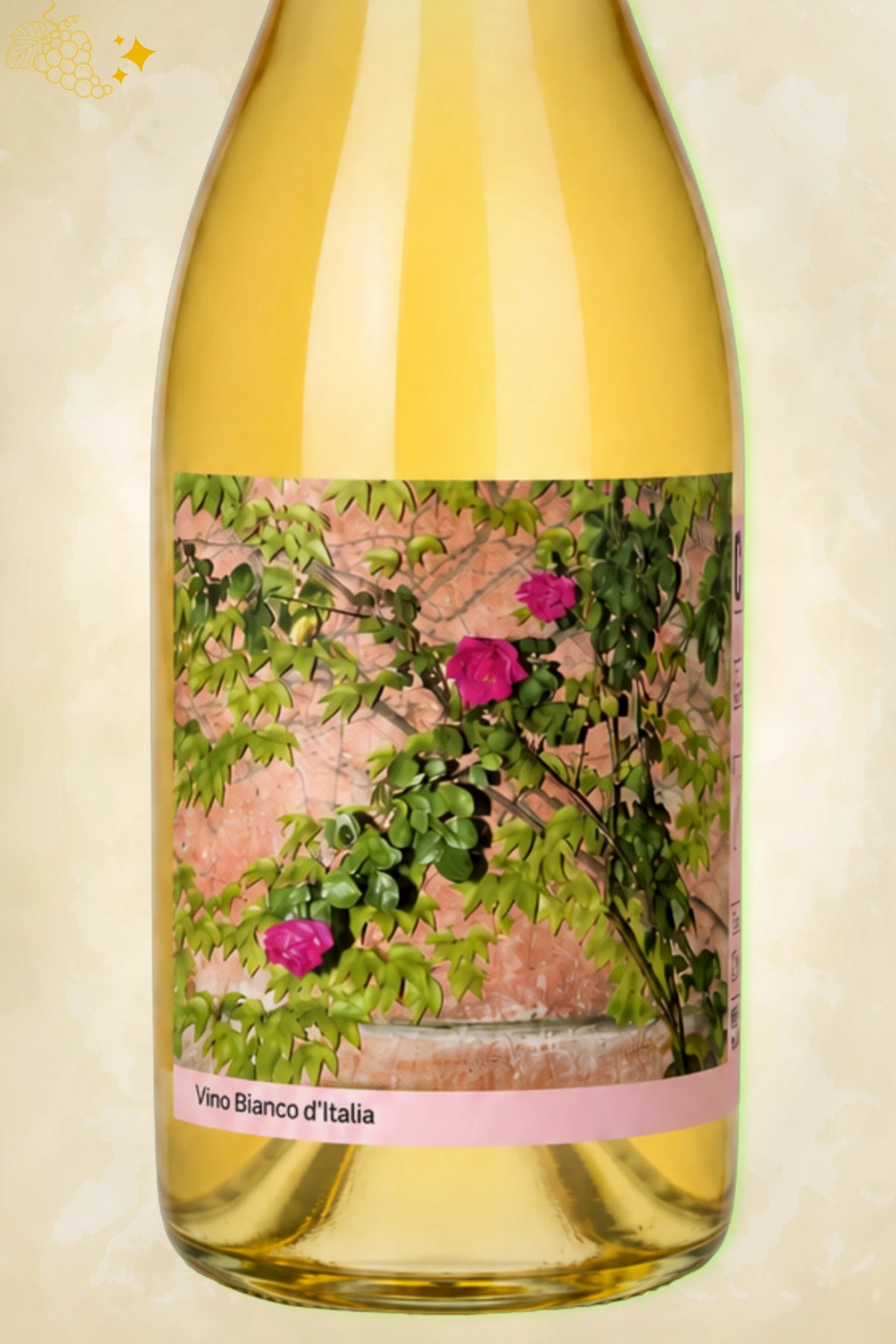 Close-up etiket Campi Deantera Campo Minimo Bianco 2024: roze bloemen tegen een muur.