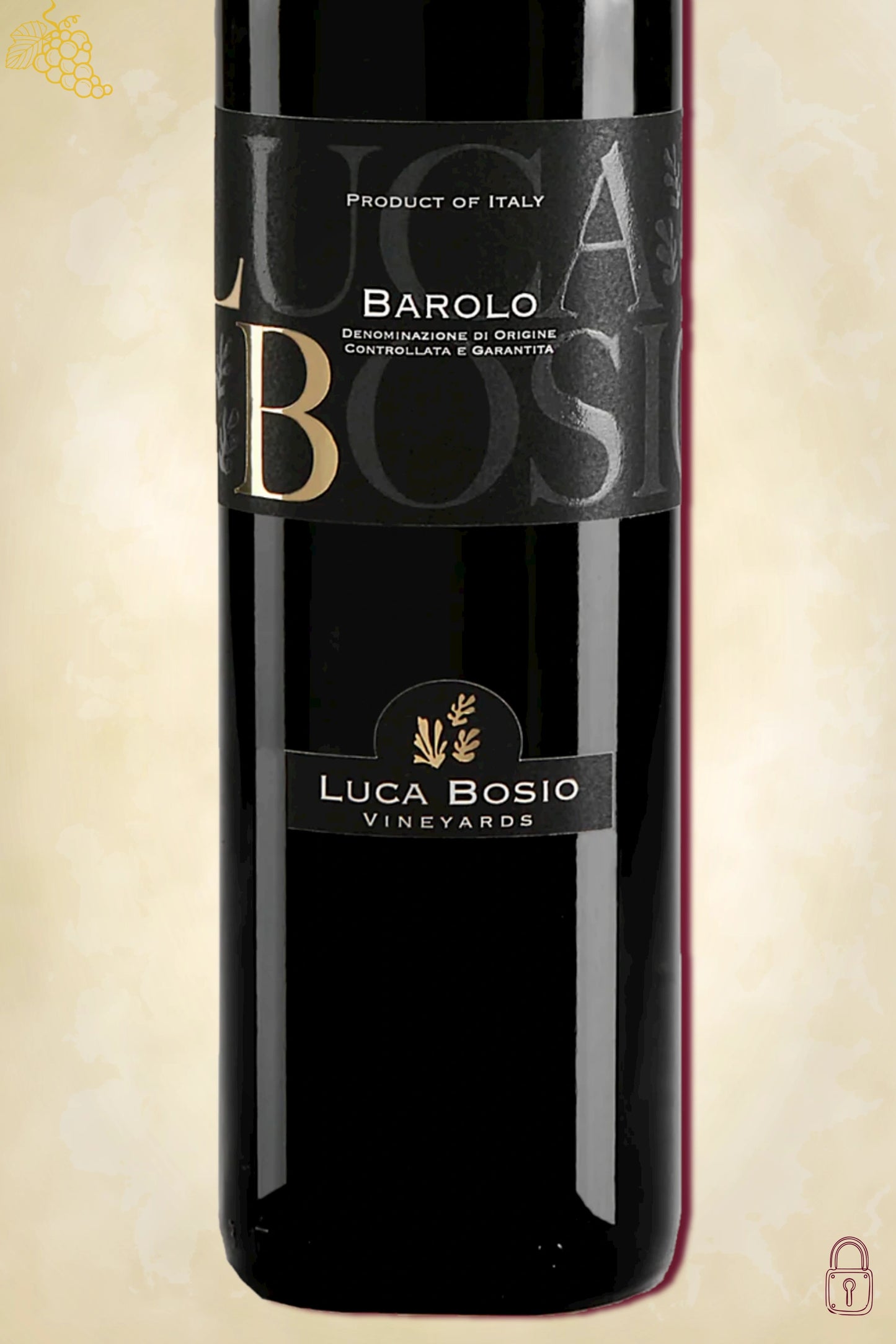 Detail etiket Luca Bosio Barolo 2018 – rode wijn herkenbaar op beige achtergrond