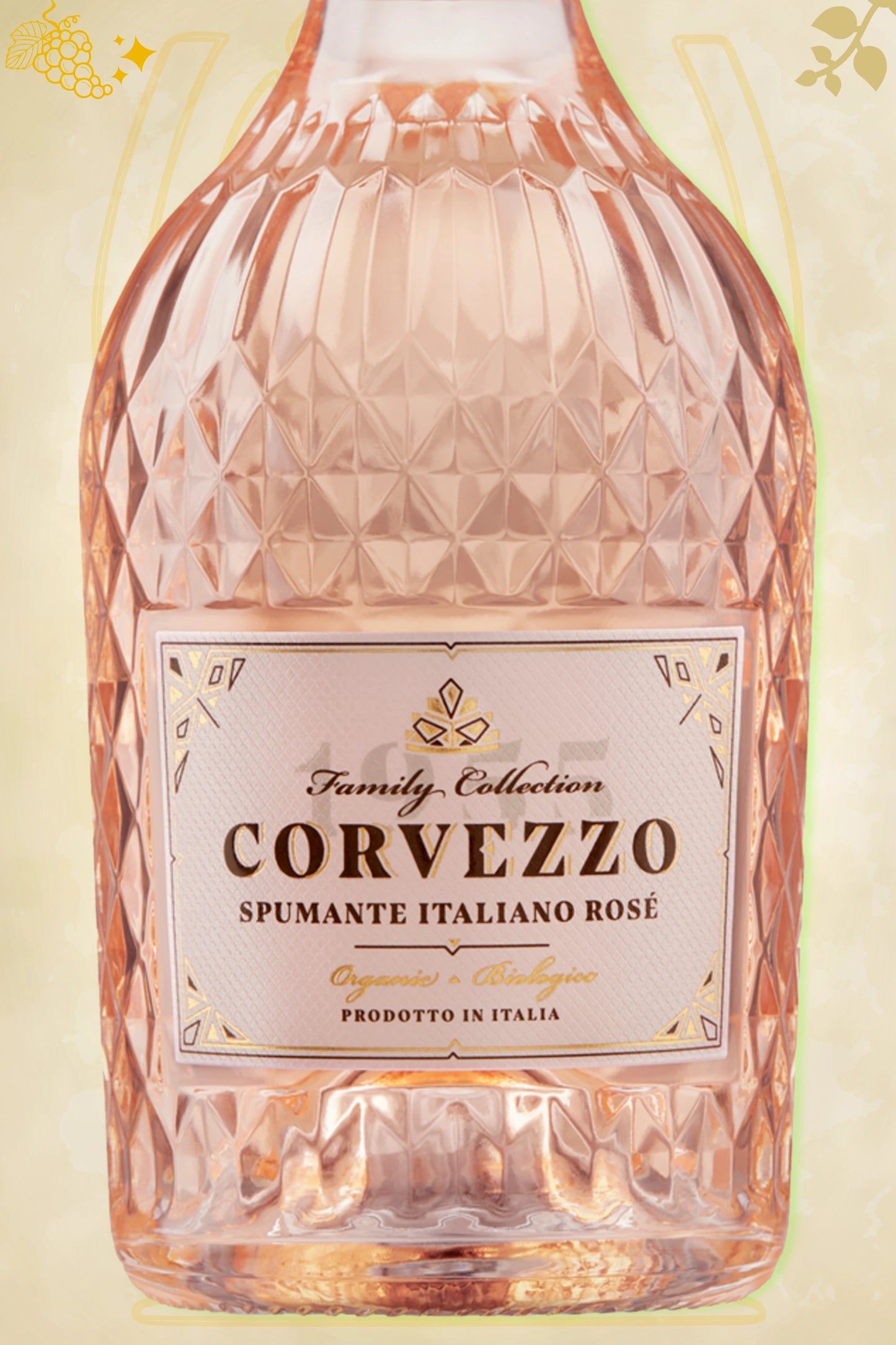 Close‑up etiket: Corvezzo – Cuvée Rosé Diamond (NV) – volledige weergave op beige achtergrond