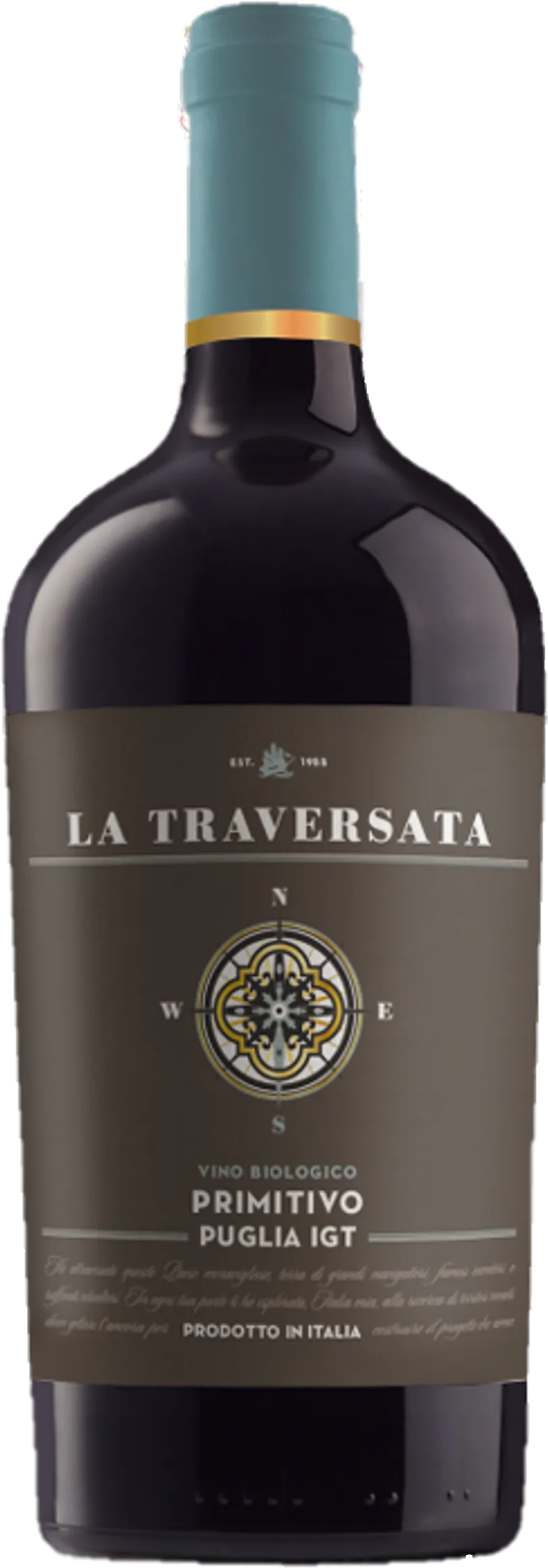 La Traversata – Primitivo (2023) – robijnrode rode wijn tegen rode achtergrond