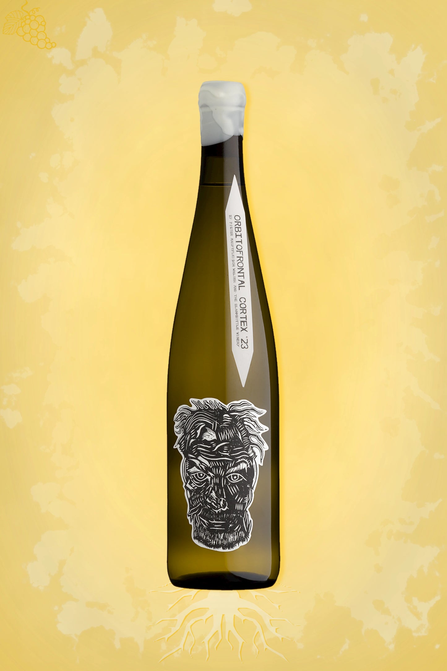 Blank Bottle Orbitofrontal Cortex 2023 tegen gouden achtergrond – premium Zuid-Afrikaanse witte wijn