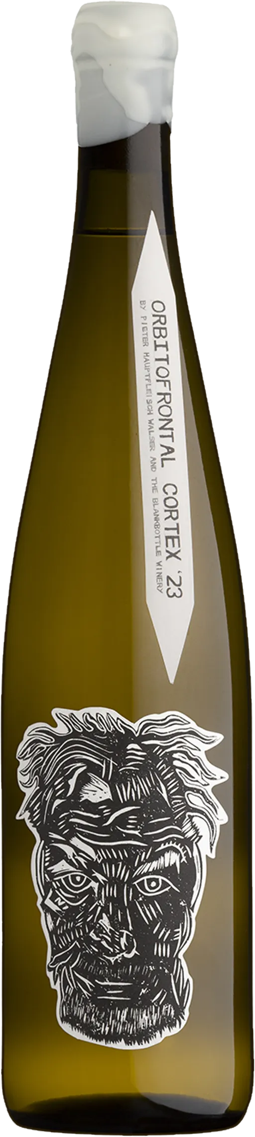 Blank Bottle Orbitofrontal Cortex 2023 tegen gouden achtergrond – premium Zuid-Afrikaanse witte wijn