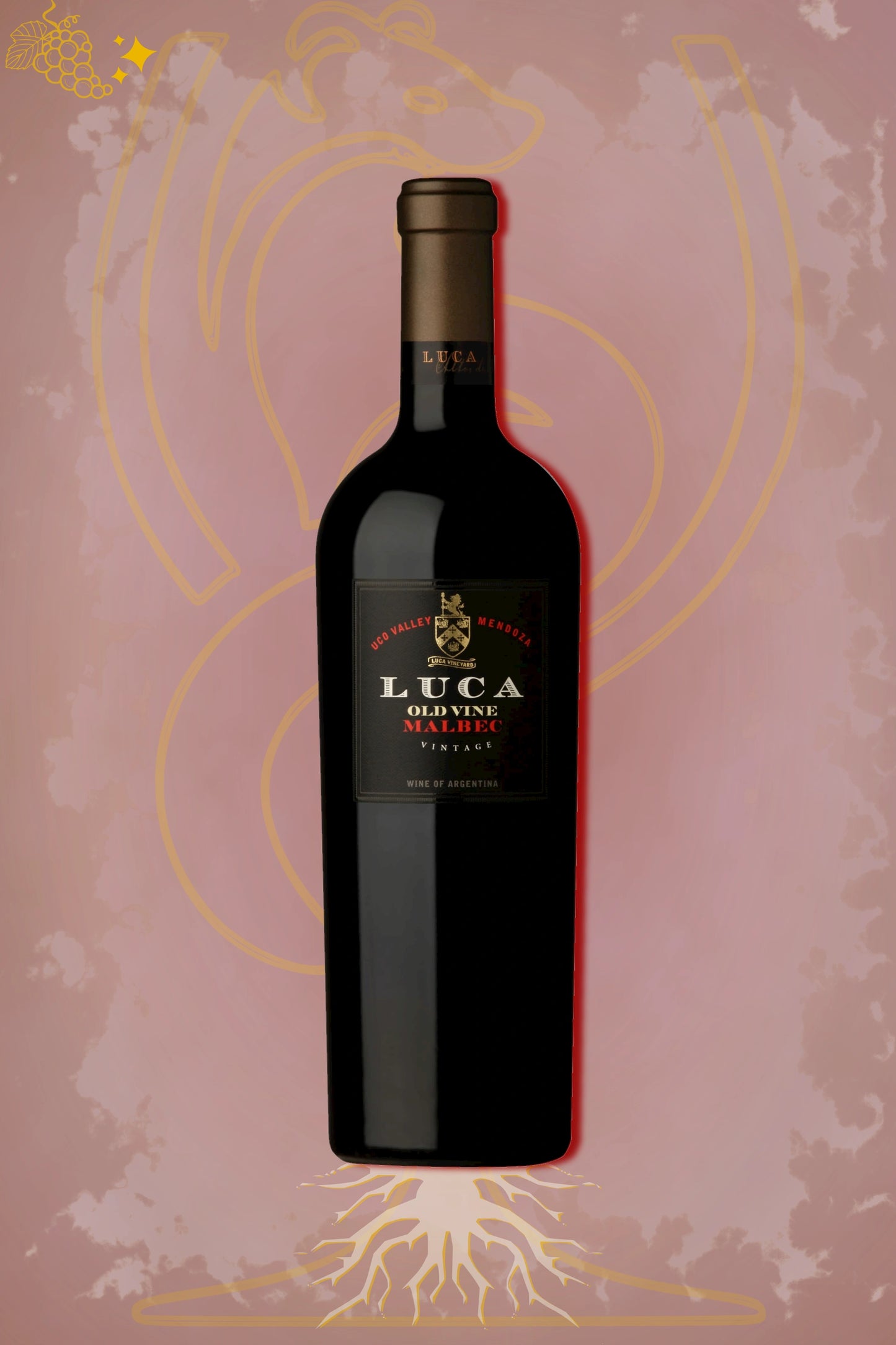 Luca Old Vine Malbec 2022 tegen bordeaux achtergrond – premium Argentijnse rode wijn