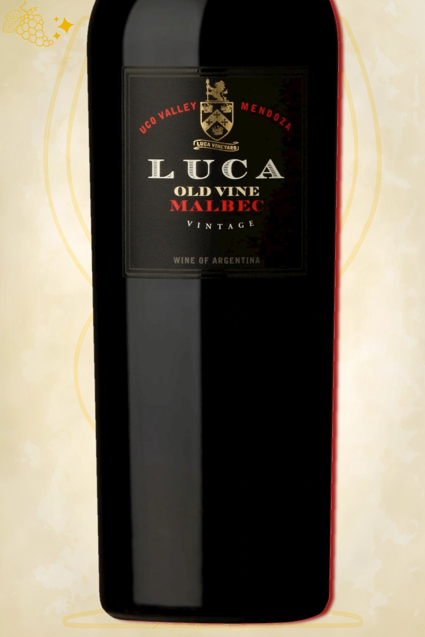 Close-up label Luca Old Vine Malbec 2022 – Laura Catena handtekening en vintage details