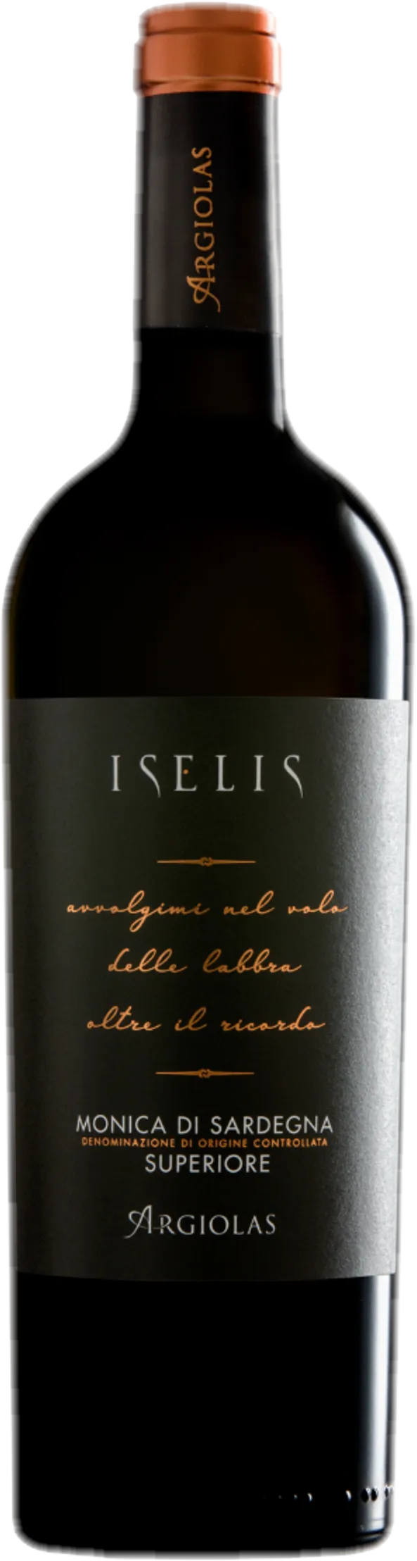 Fles Argiolas – Iselis Monica di Sardegna Superiore (2021) zonder achtergrond – rode wijn zichtbaar in detail