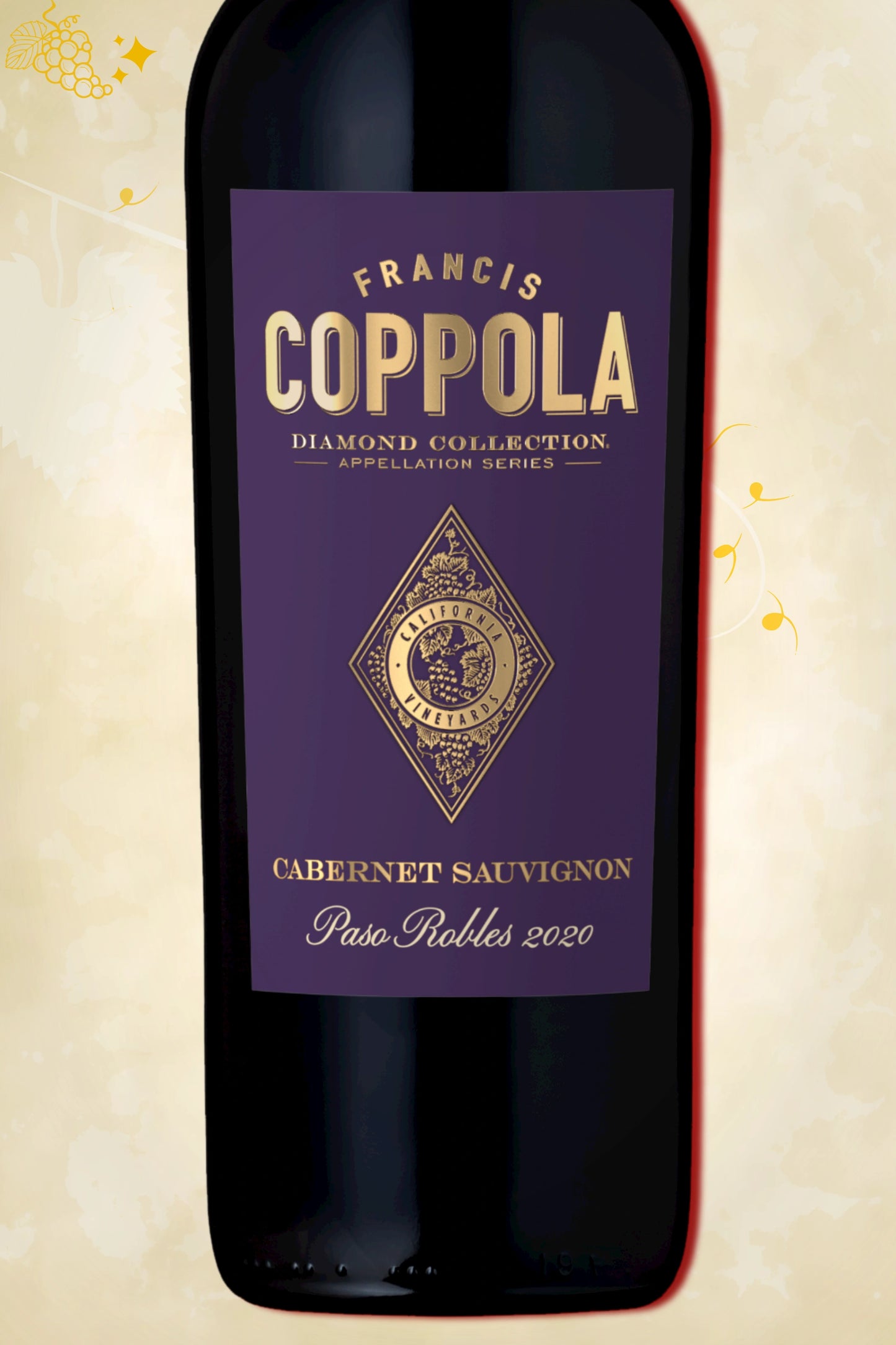🔍 Coppola – Diamond AppSeries Cabernet Sauvignon Paso Robles (2021) – close‑up etiket detail op beige achtergrond