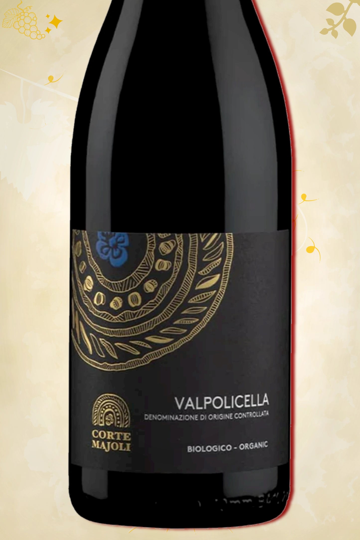 Close-up label Corte Majoli Valpolicella Ripasso Superiore 2022 – biologische wijn van familie Tezza