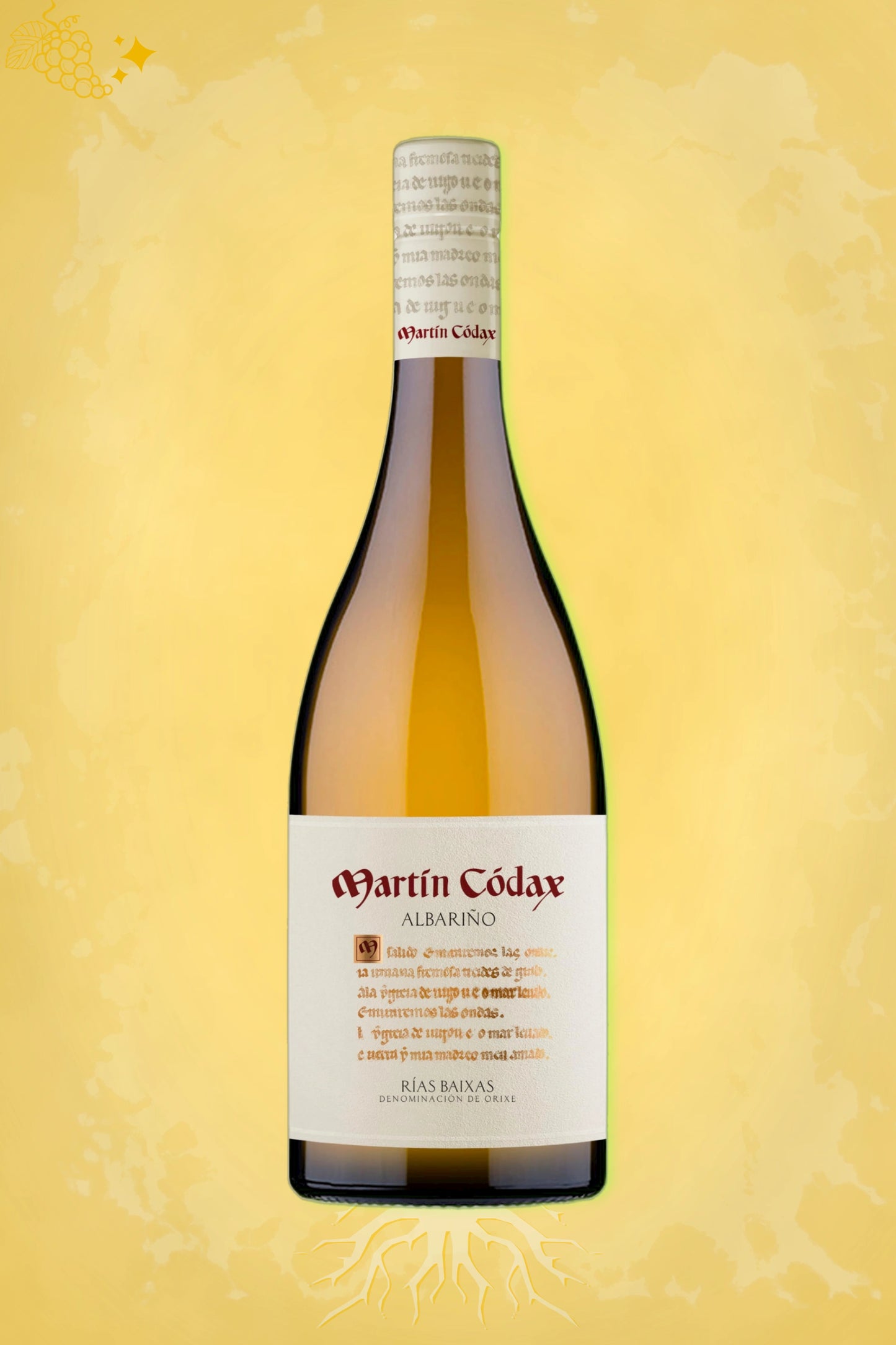 Albariño Rías Baixas 2023 tegen gouden achtergrond – frisse witte wijn