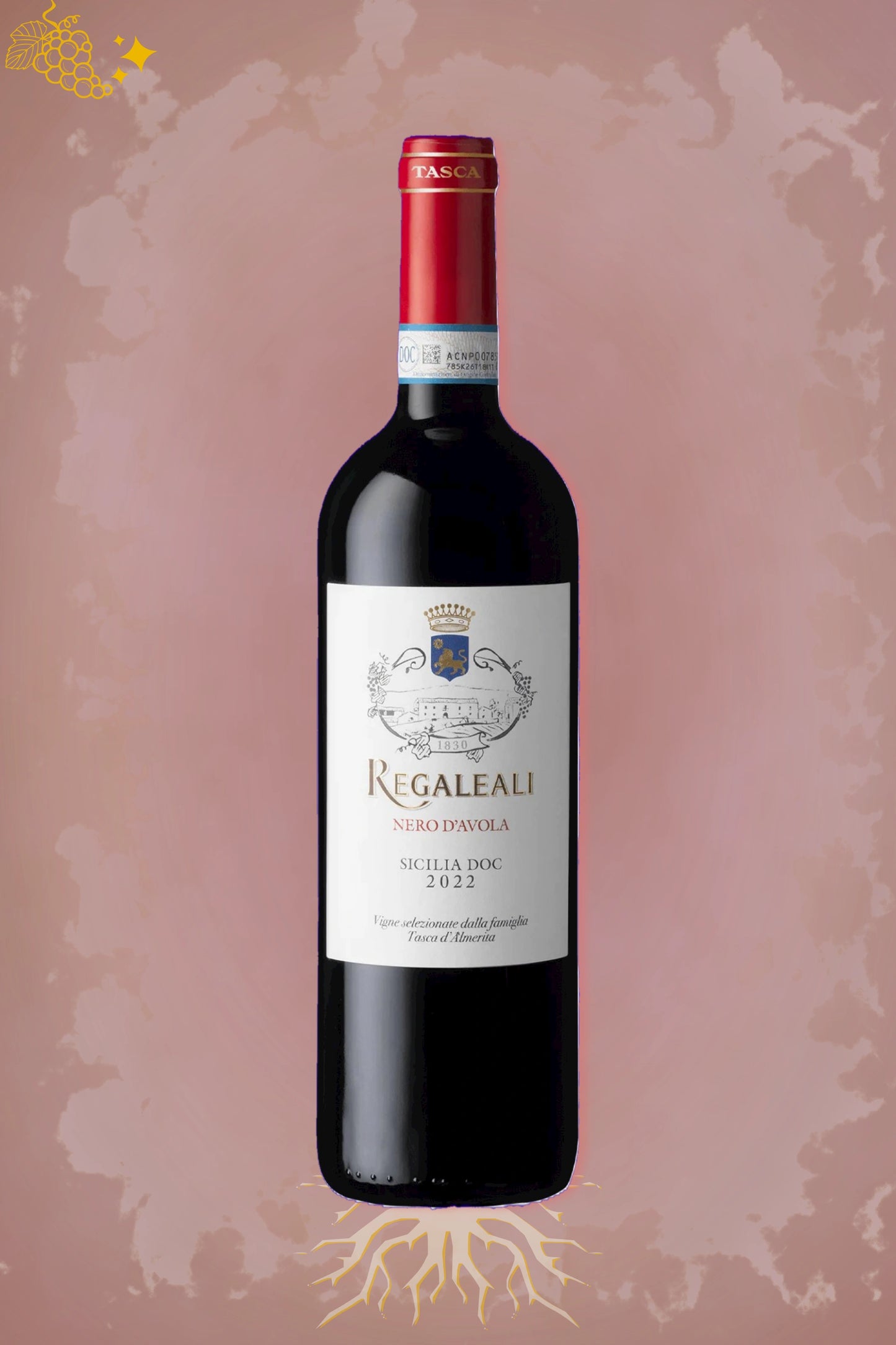 Tasca d’Almerita Regaleali Nero d’Avola 2022 tegen bordeaux achtergrond – Siciliaanse rode wijn
