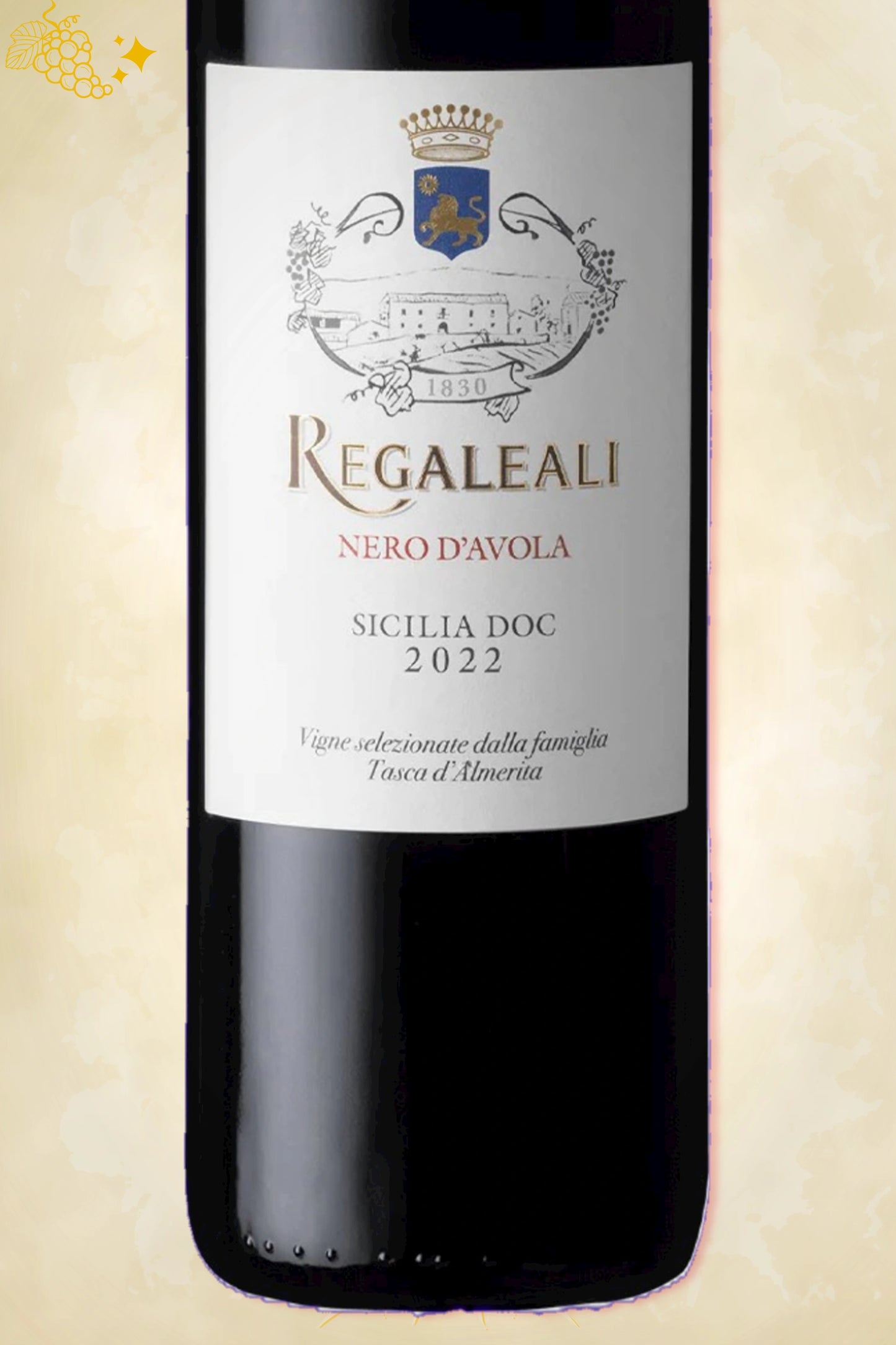 Close-up label Tasca d’Almerita Regaleali Nero d’Avola 2022 – DOC Sicilia en producentdetails