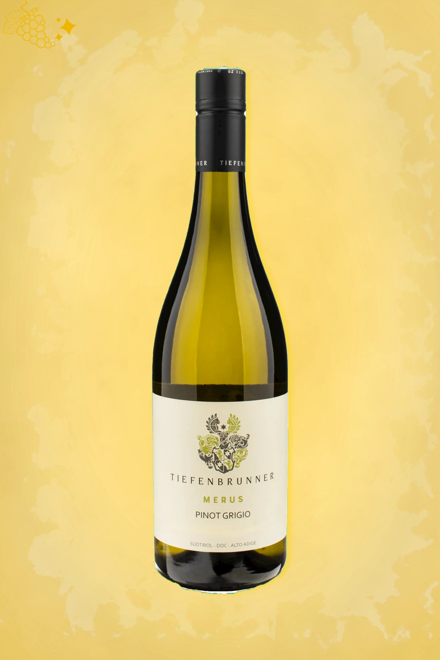 Tiefenbrunner Pinot Grigio 2024 tegen gouden achtergrond – premium witte wijn