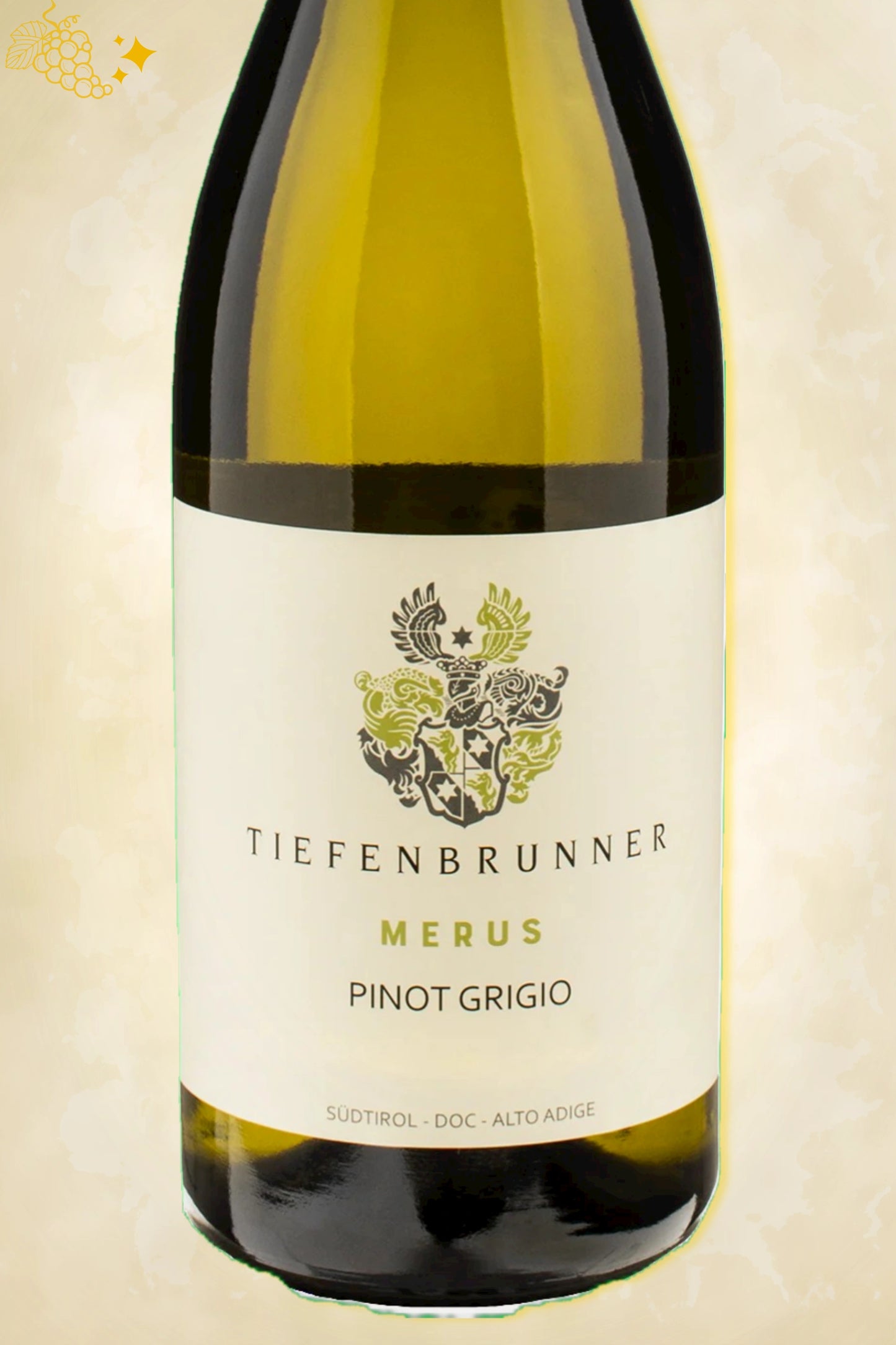 Close-up label Tiefenbrunner Pinot Grigio 2024 – Merus logo en vintage details