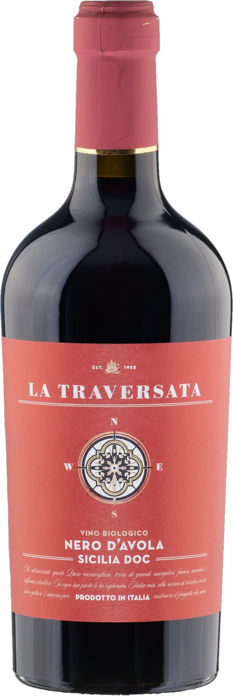 Corvezzo Nero d’Avola Organic 2022 tegen bordeaux achtergrond – premium rode wijn