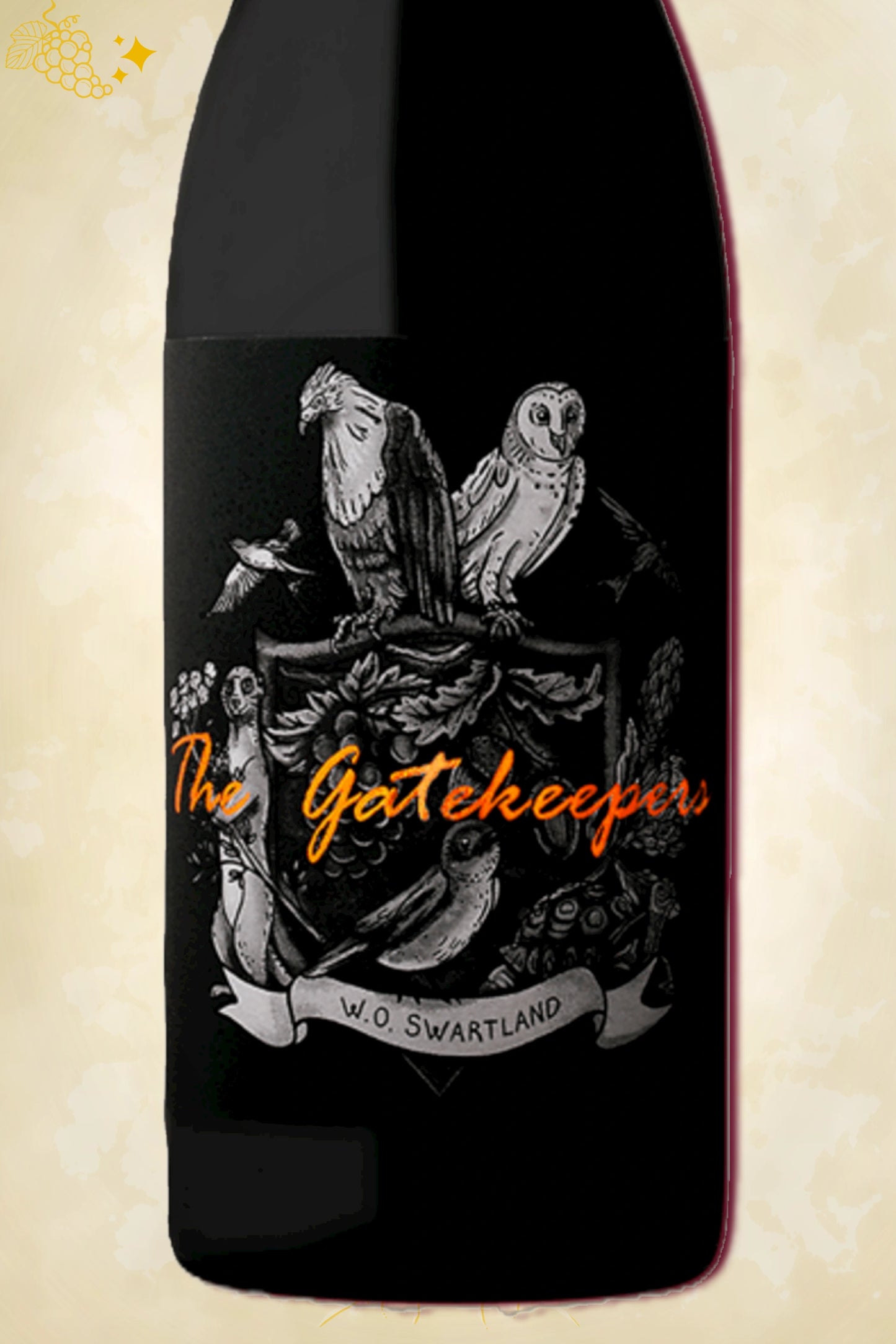 Close-up label Kloovenburg The Gatekeeper Red 2022 – Grenache Syrah blend details zichtbaar