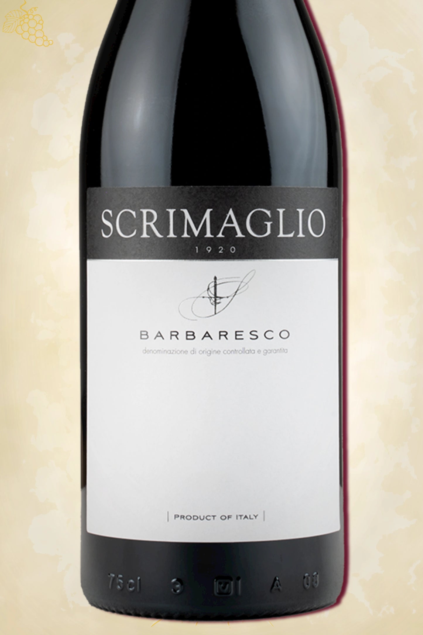 Close-up label Scrimaglio Barbaresco 2020 – Scrimaglio logo en vintage details