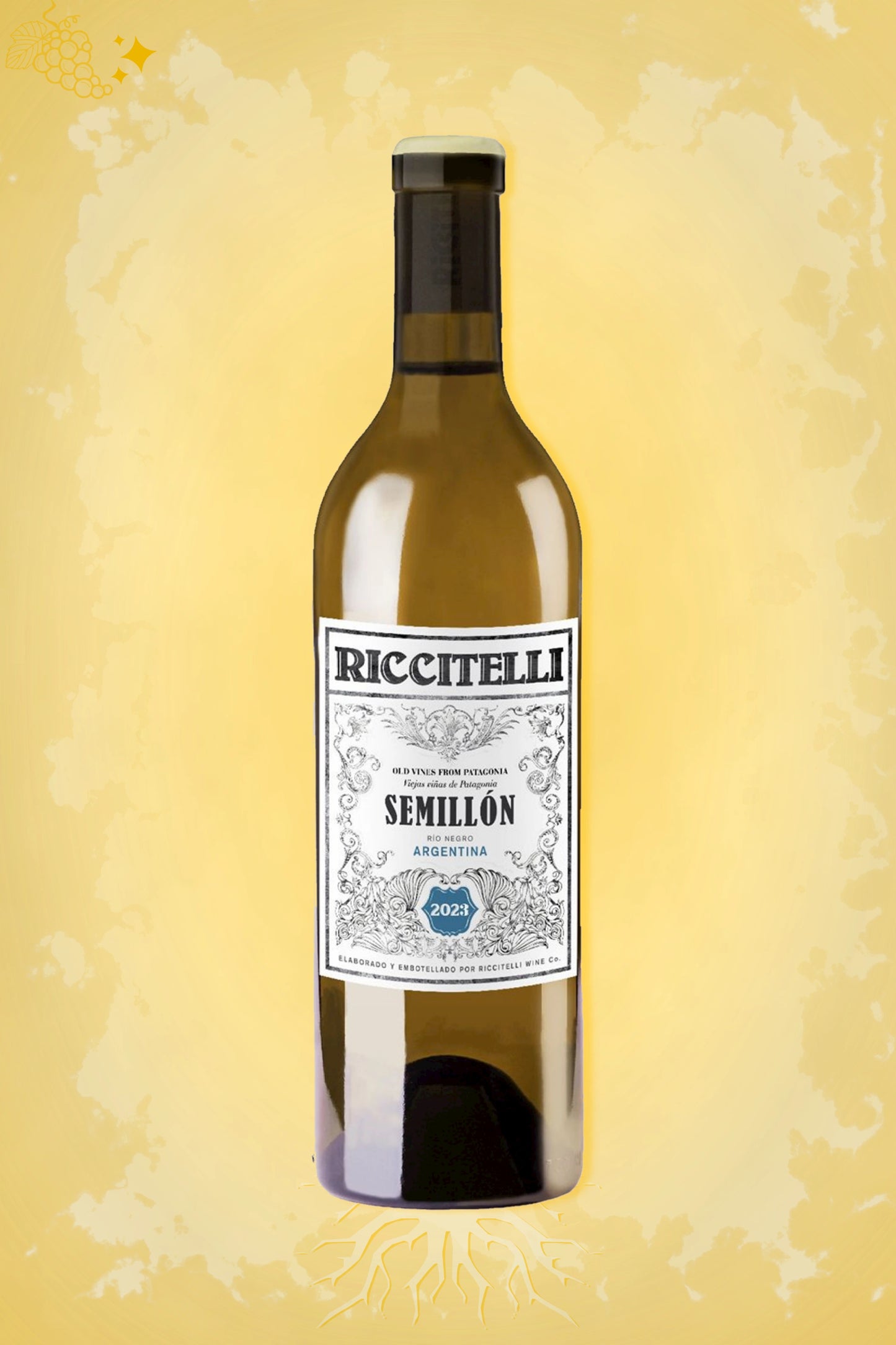 Riccitelli Old Vines Semillon 2023 tegen gouden achtergrond – premium witte wijn