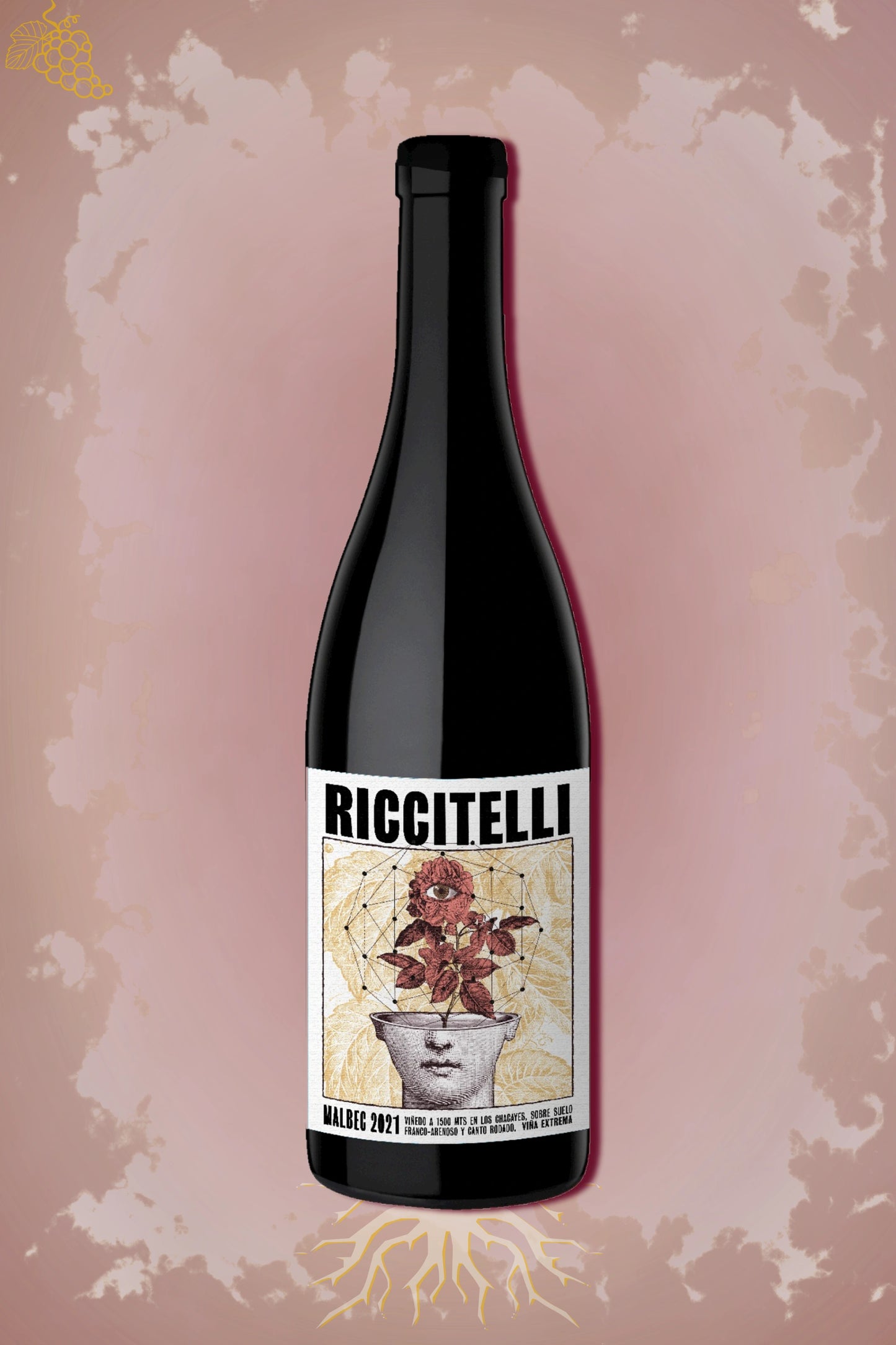 Riccitelli Viñas Extremas Malbec 2021 tegen bordeaux achtergrond – krachtige rode wijn