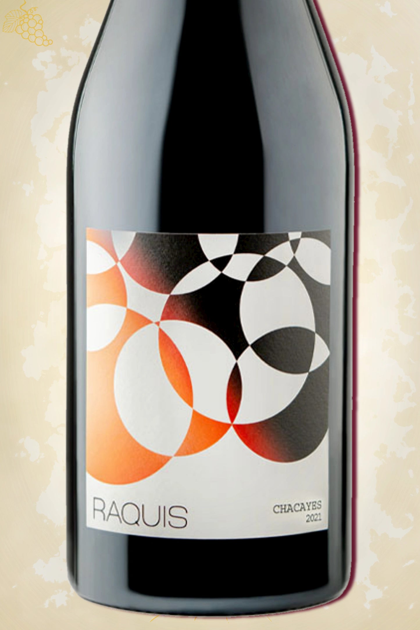 Close-up label Raquis Los Parajes Chacayes 2022 – Raquis logo en jaargang zichtbaar