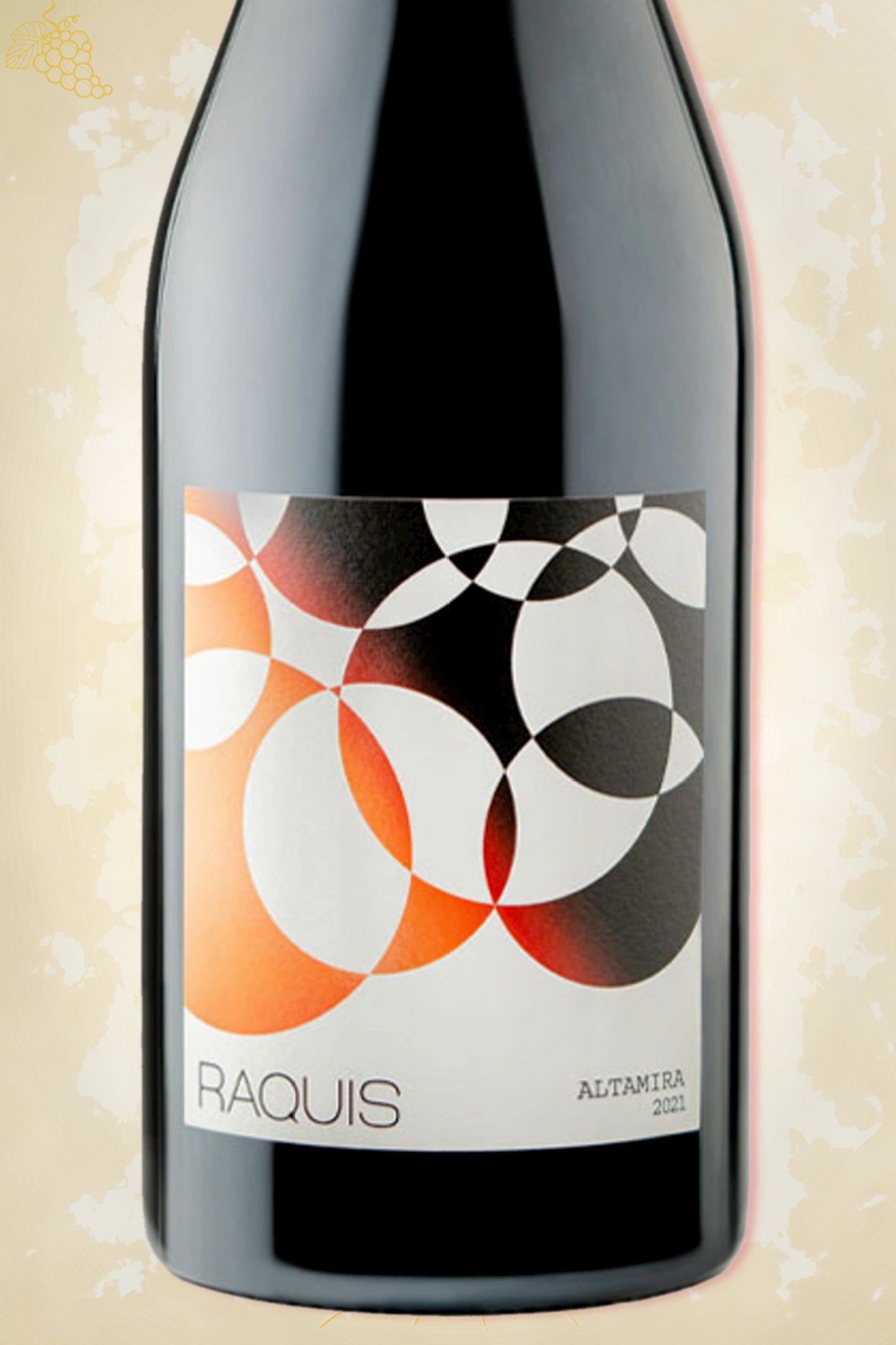 Close-up label Raquis Los Parajes Altamira Blend 2022 – logo en vintage details zichtbaar