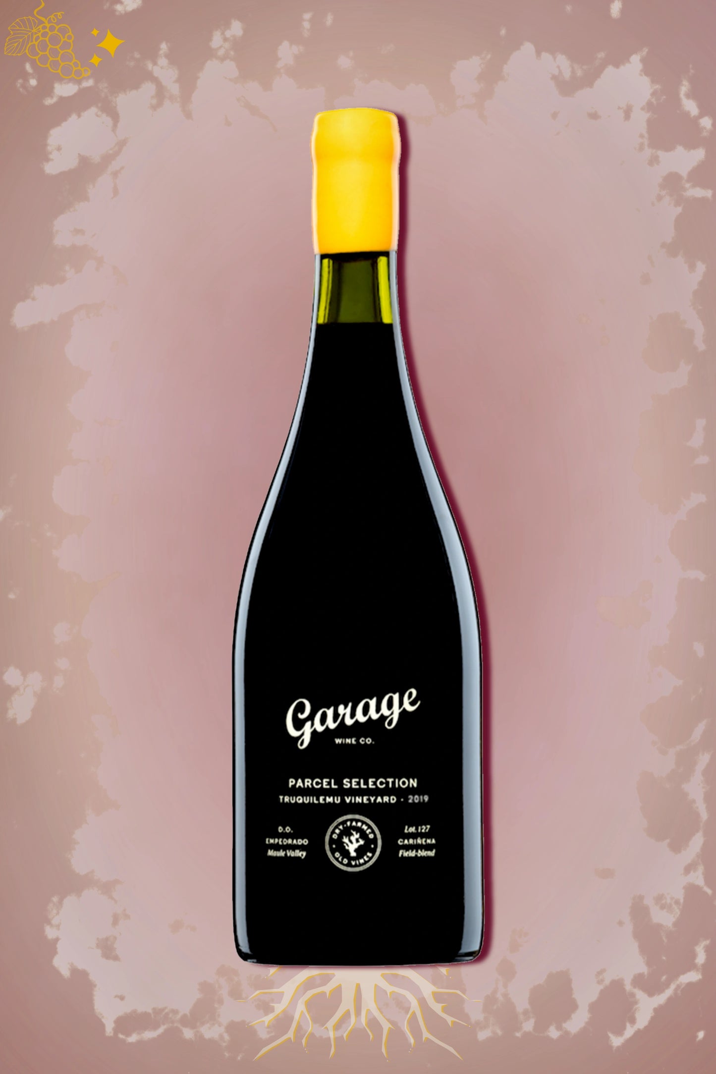 Garage Wine Co. Truquilemu Vineyard 2019 tegen bordeaux achtergrond – premium Carignan field blend