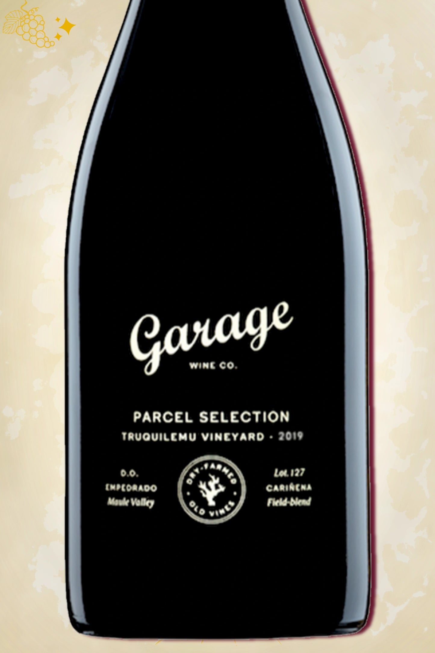 Close-up label Garage Wine Co. Truquilemu Vineyard 2019 – Carignan details en logo zichtbaar