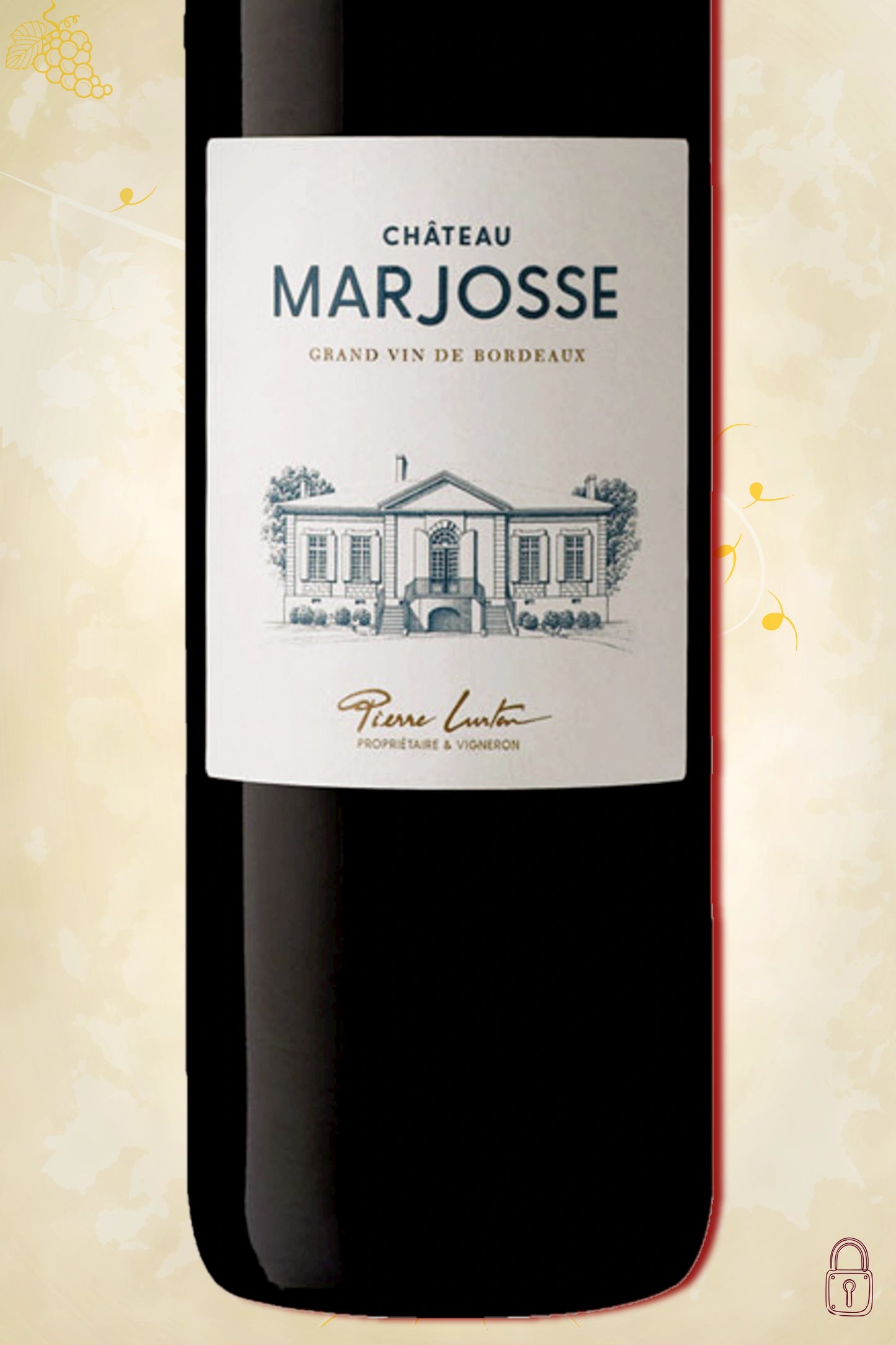 Close-up label Château Marjosse Bordeaux Rouge 2022 – Merlot blend en vintage details zichtbaar