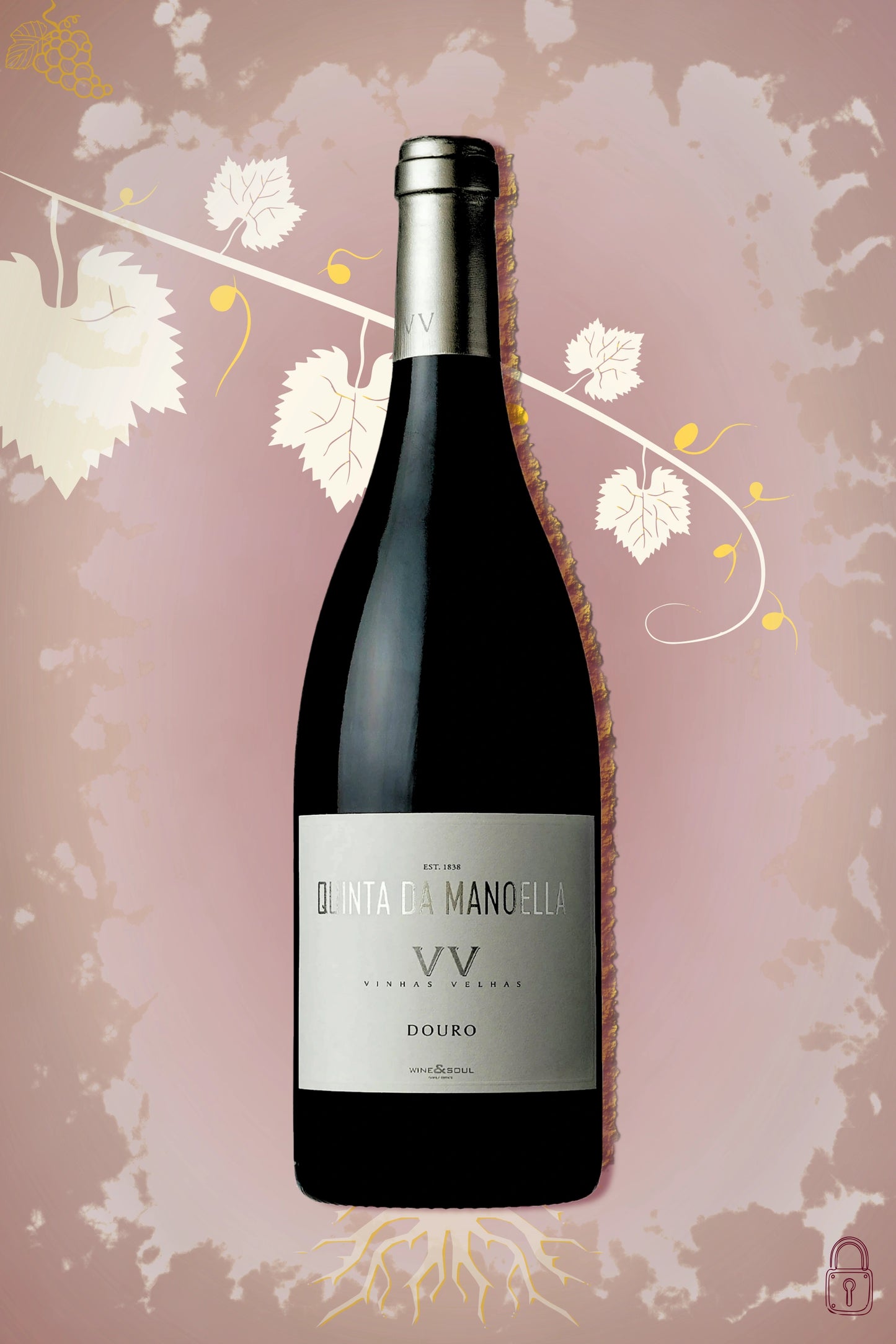 Wine & Soul Manoella Vinhas Velhas 2019 – rode wijn op bordeaux achtergrond