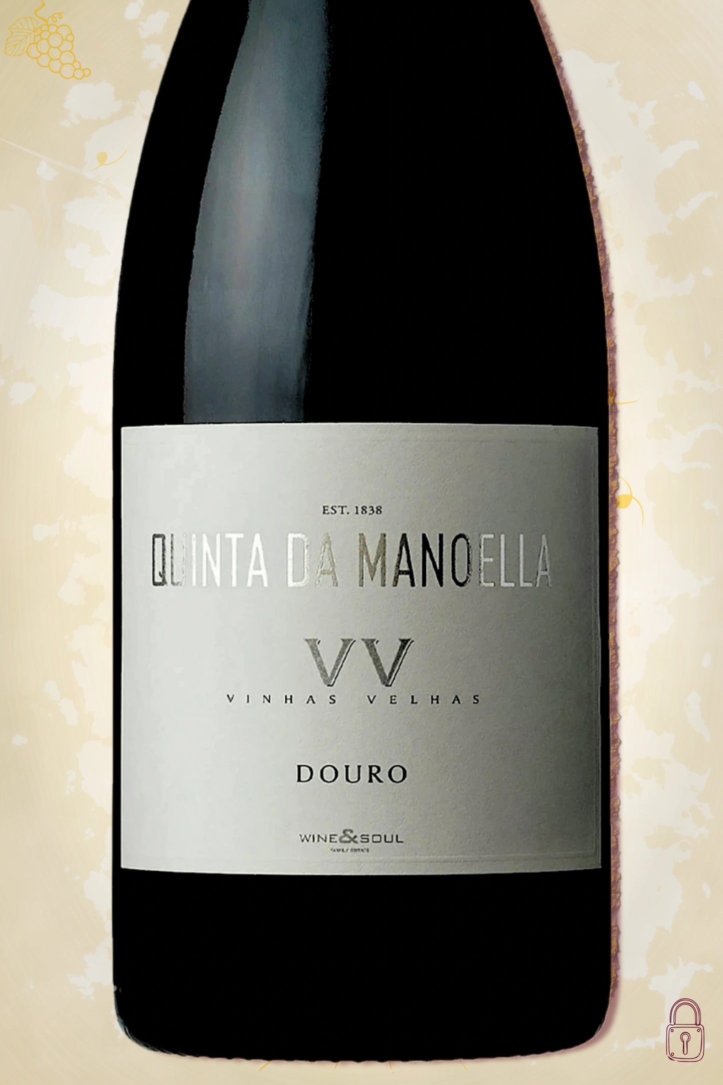 Close-up label Manoella Vinhas Velhas 2019 – Wine & Soul details zichtbaar