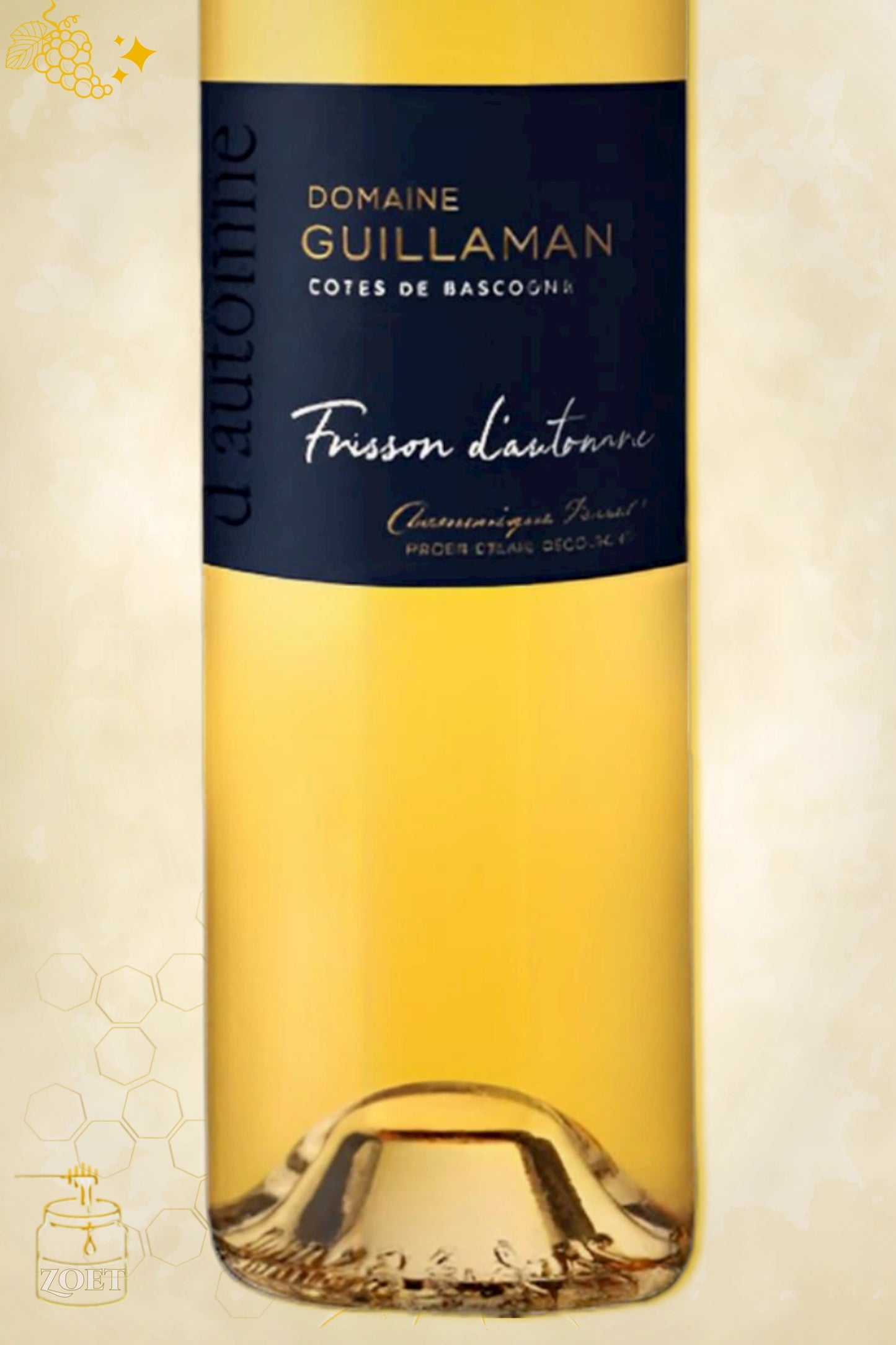 Close-up label Frisson d'Automne 2023 – Domaine de Guillaman logo en vintage details