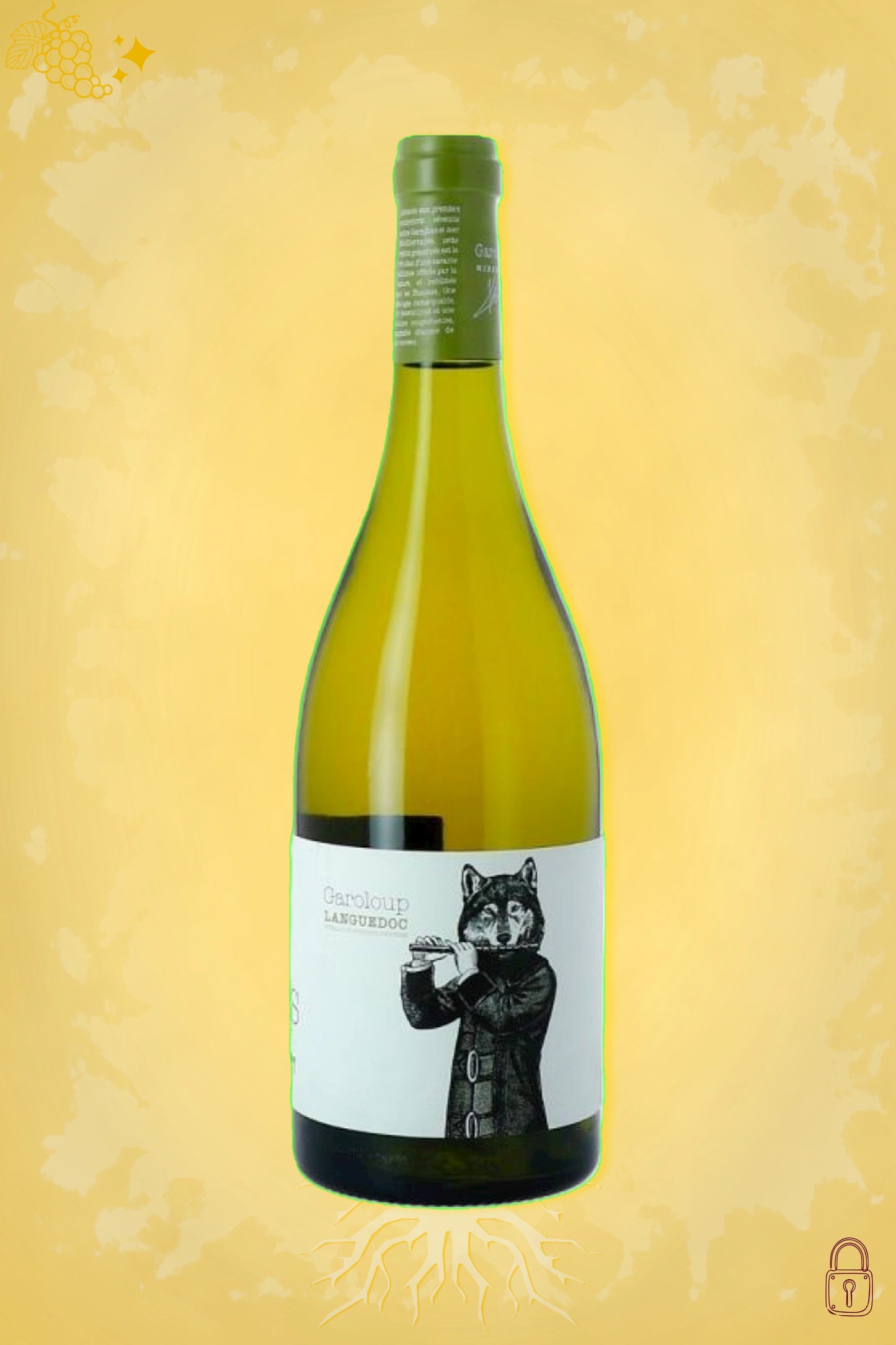 Domaine Garoloup Danse avec les Loups 2020 tegen gouden achtergrond – premium witte wijn