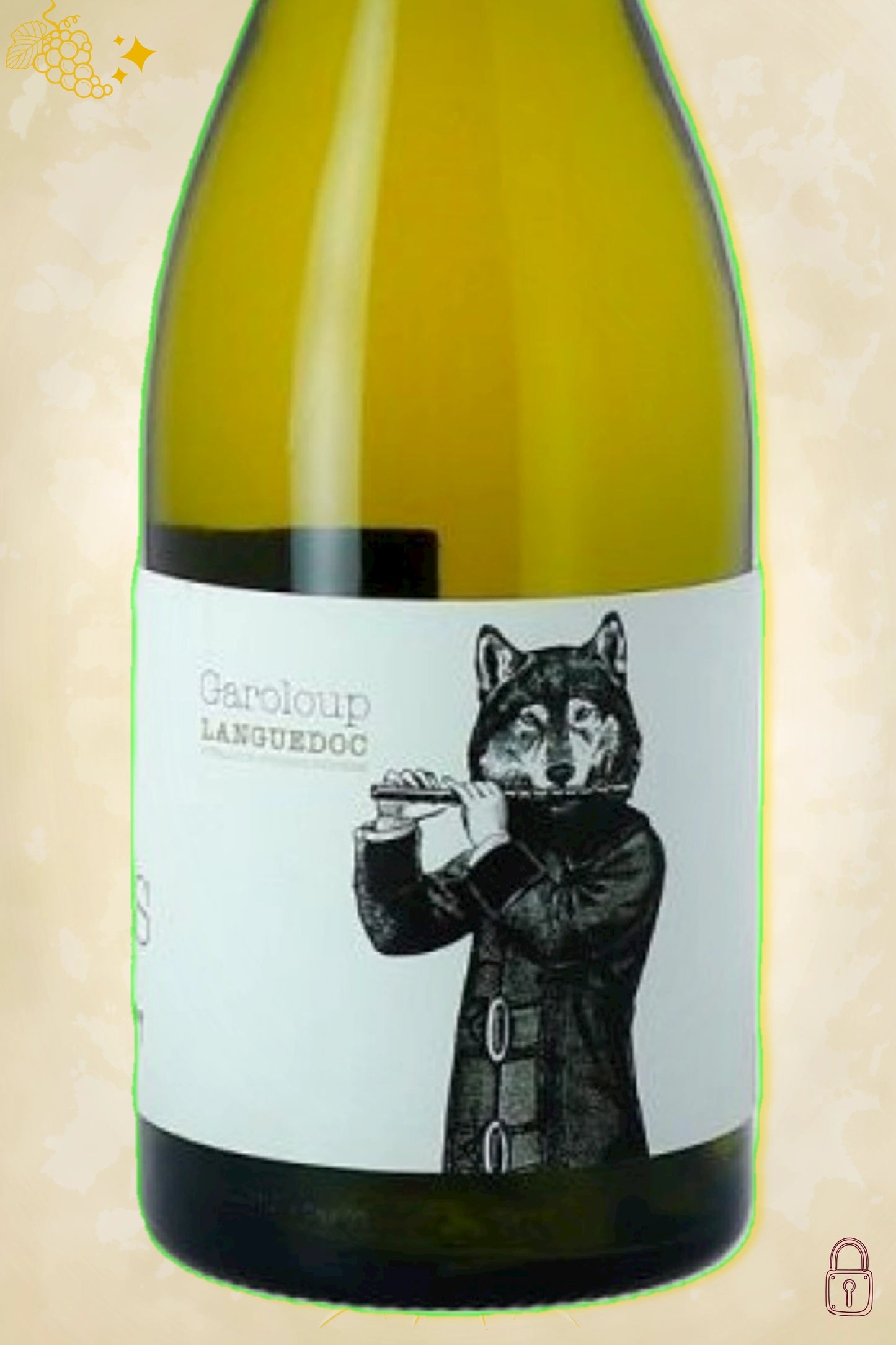 Close-up label Domaine Garoloup Danse avec les Loups 2020 – logo en vintage details