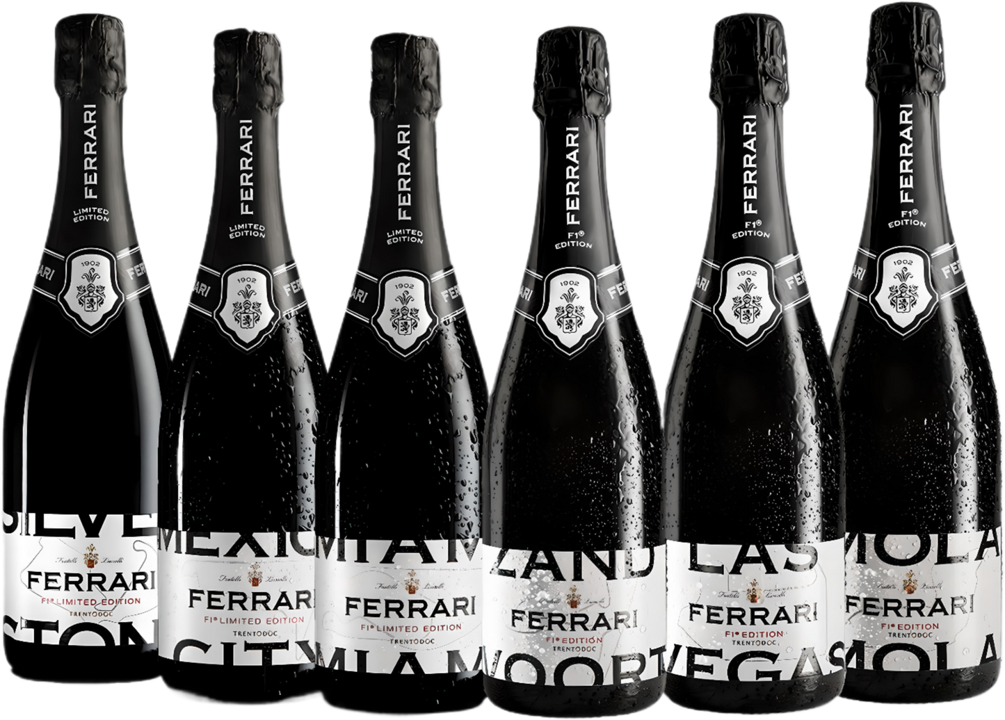 Ferrari Trento DOC Brut NV six-pack with colourful city sleeves
