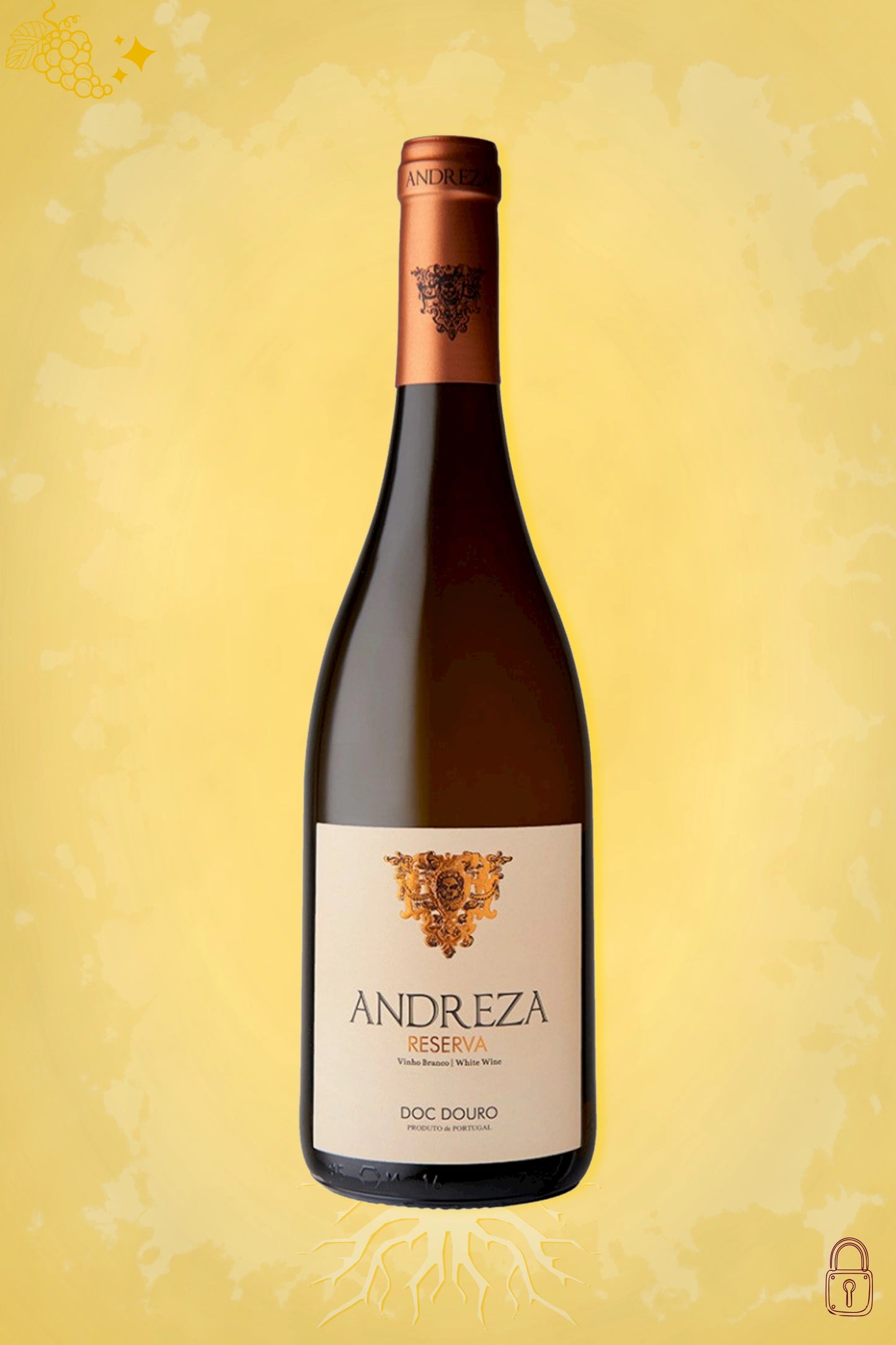 Andreza Reserva White Douro 2021 tegen gouden achtergrond – premium Portugese witte wijn