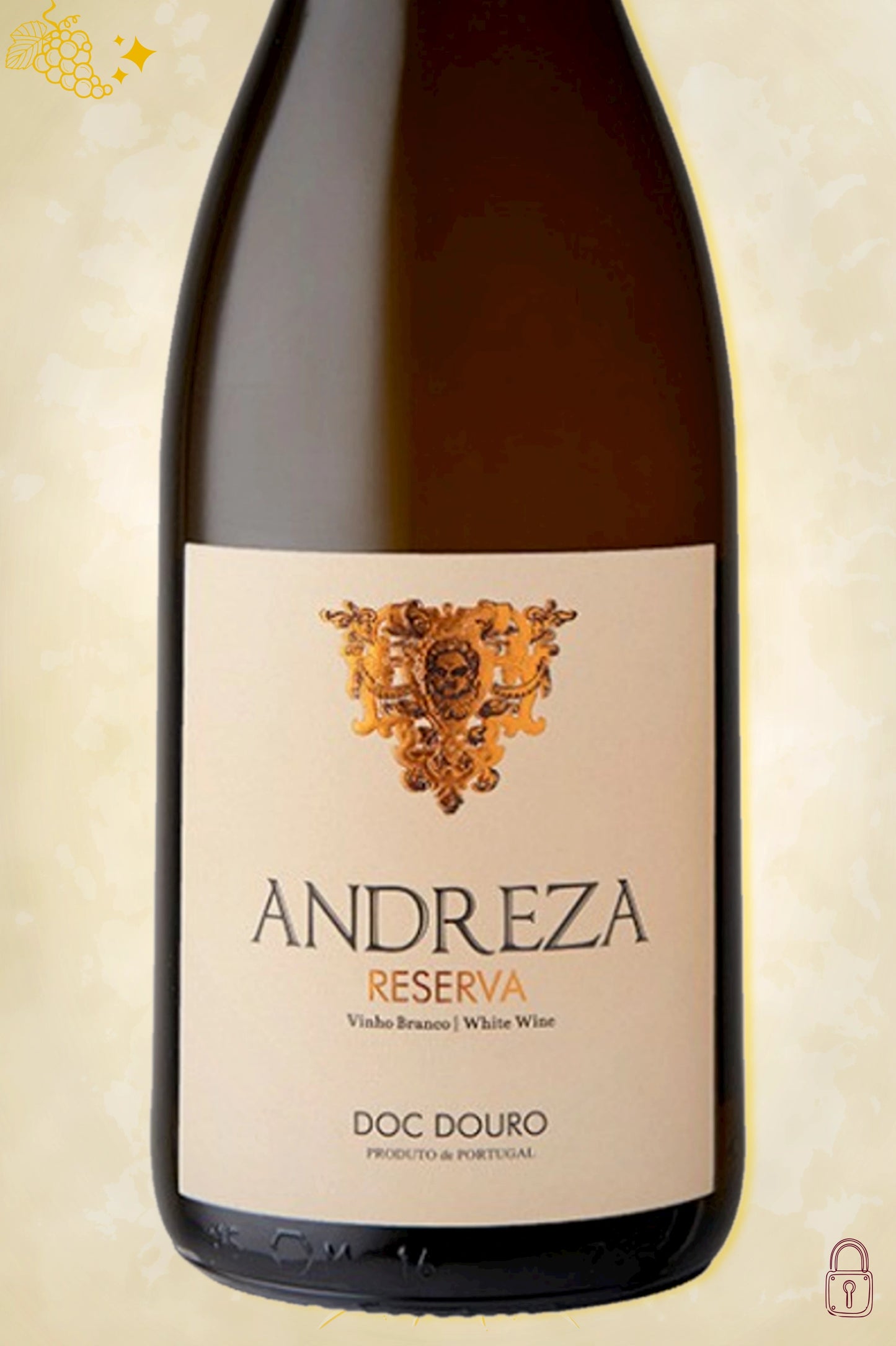 Close-up label Andreza Reserva White Douro 2021 – Lua Cheia-Saven logo en vintage details
