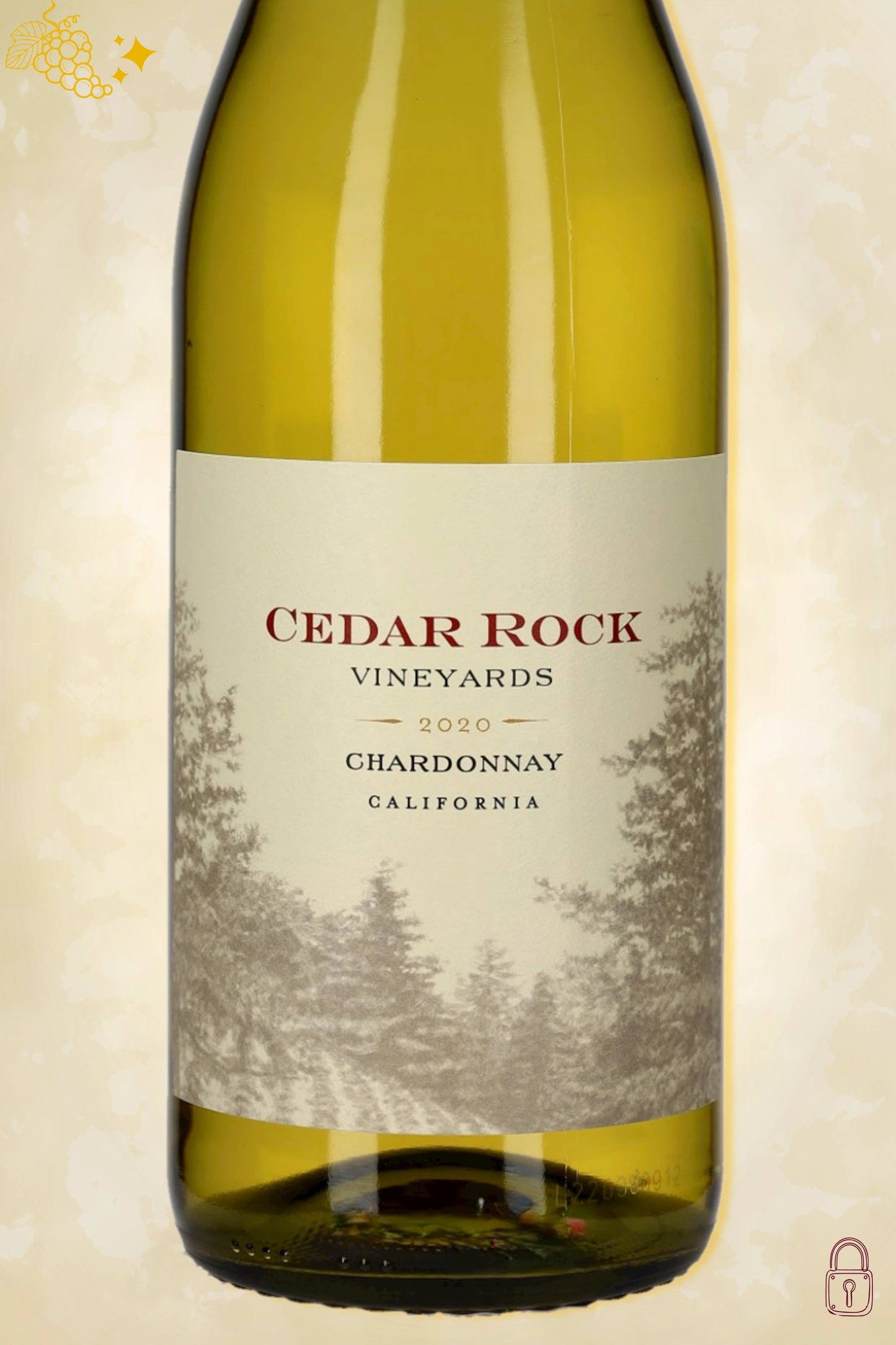 Close-up label Cedar Rock Chardonnay 2020 – logo en vanillekleurige details
