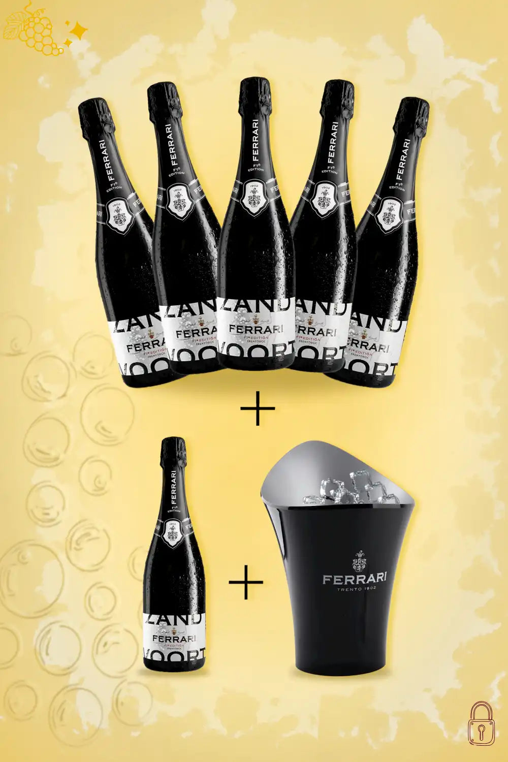 Ice bucket and six Ferrari Trento Brut NV bottles on bar counter