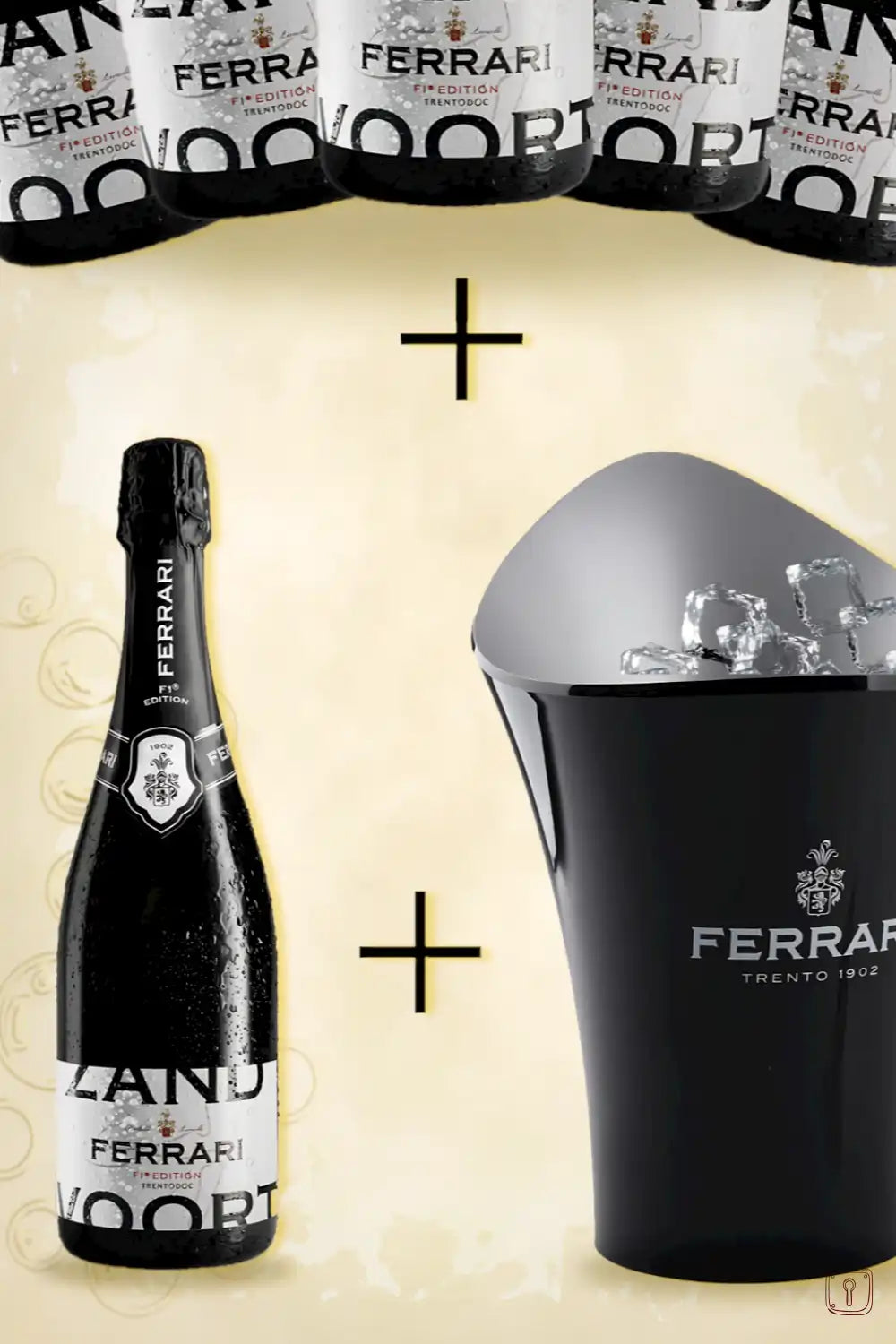 Brut Blanc de Blancs giftpack pyramid next to Vela bucket