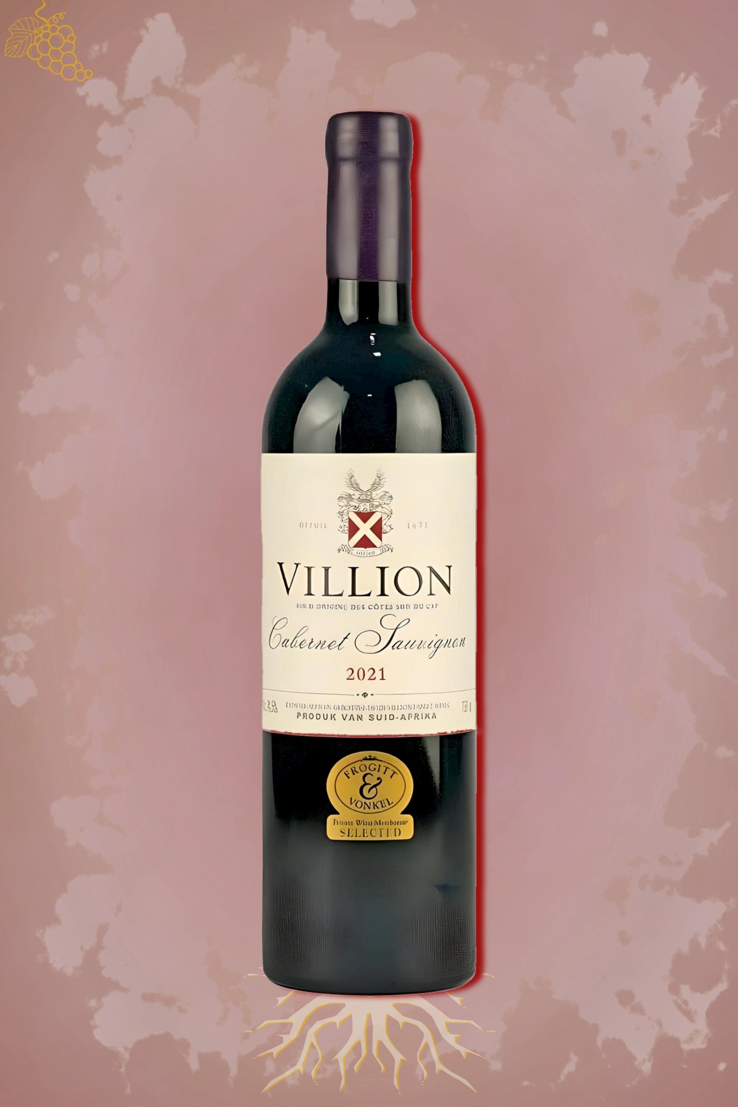 Villion Cabernet Sauvignon 2021 tegen bordeaux achtergrond – premium presentatie