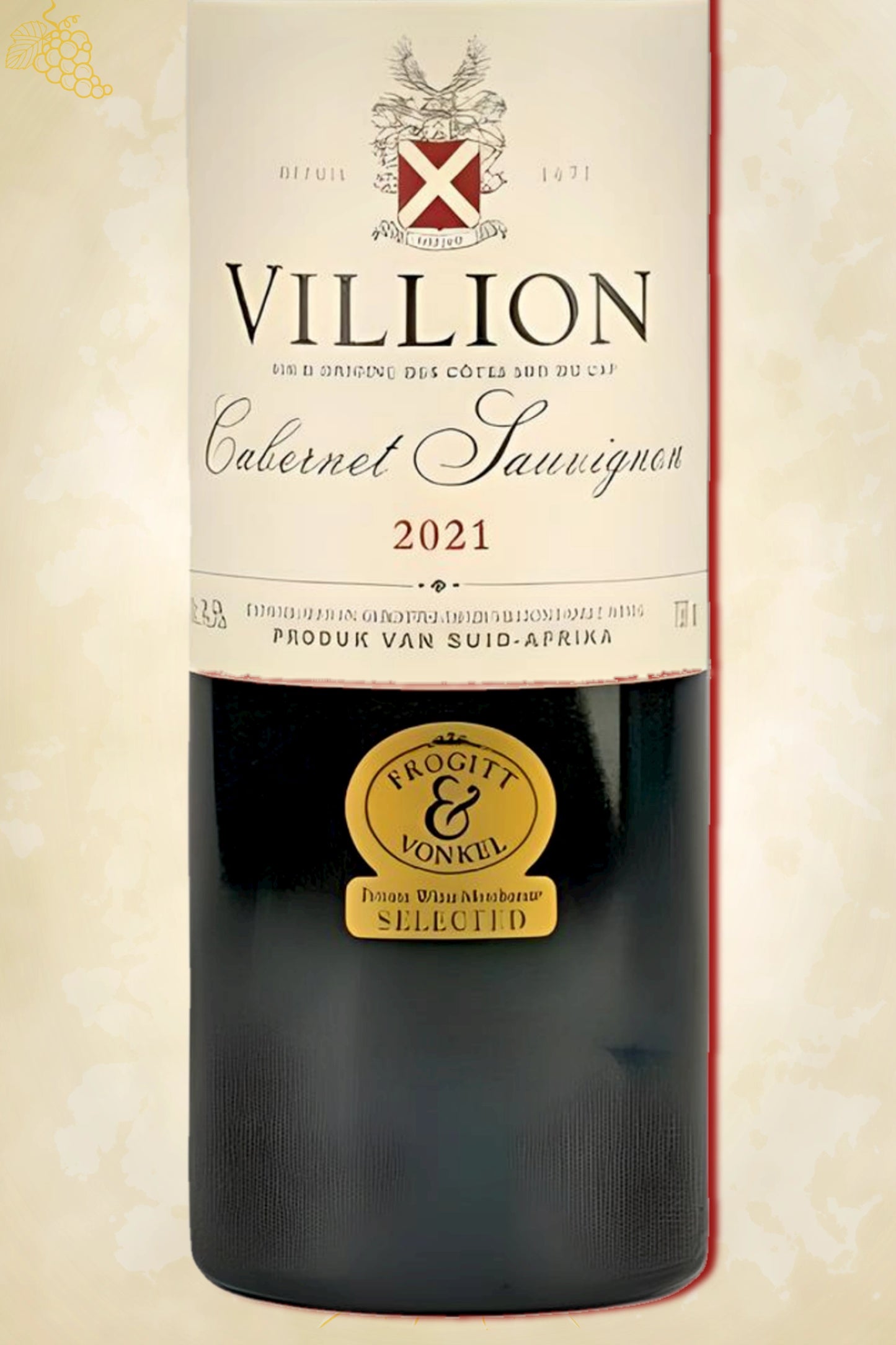 Close-up label Villion Cabernet Sauvignon 2021 – logo en vintage zichtbaar