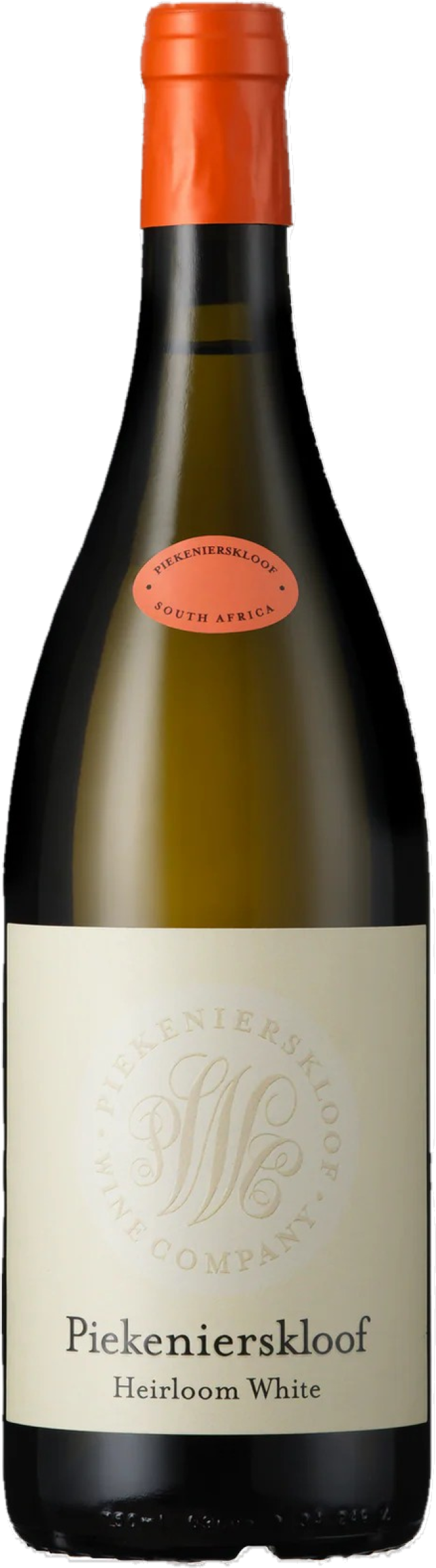 Piekenierskloof Heirloom Blanc 2023 tegen gouden achtergrond – premium witte wijnpresentatie