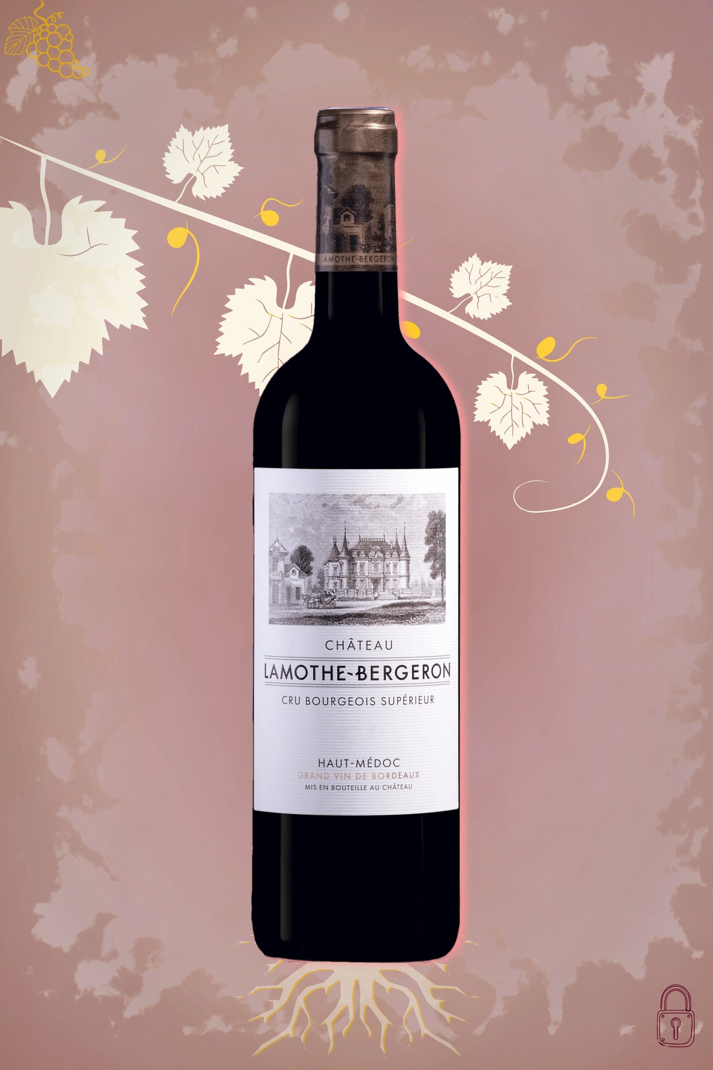Château Lamothe-Bergeron 2016 tegen bordeaux achtergrond – klassieke Cru Bourgeois rode wijn