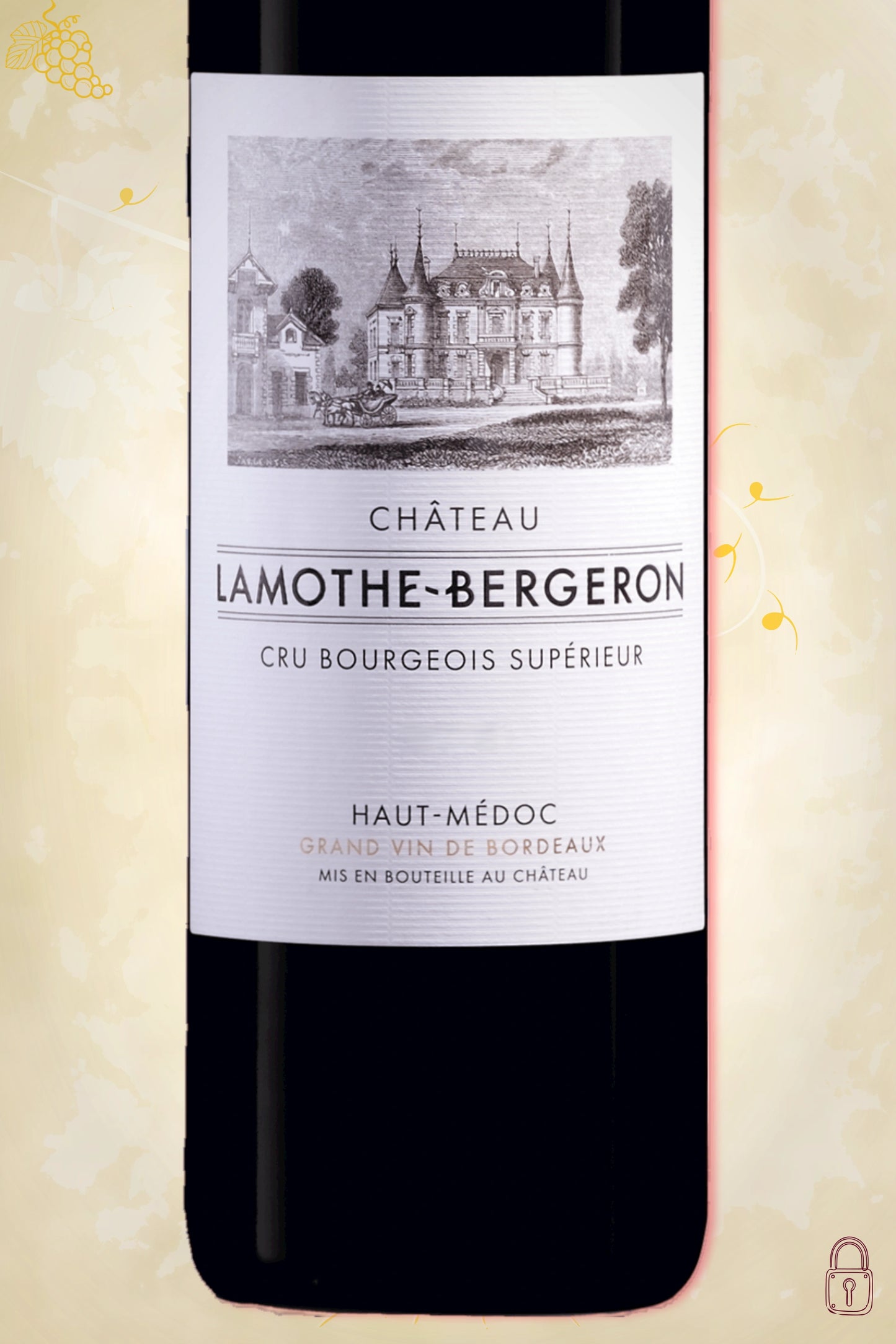 Close-up label Château Lamothe-Bergeron 2016 – logo en barrique-details