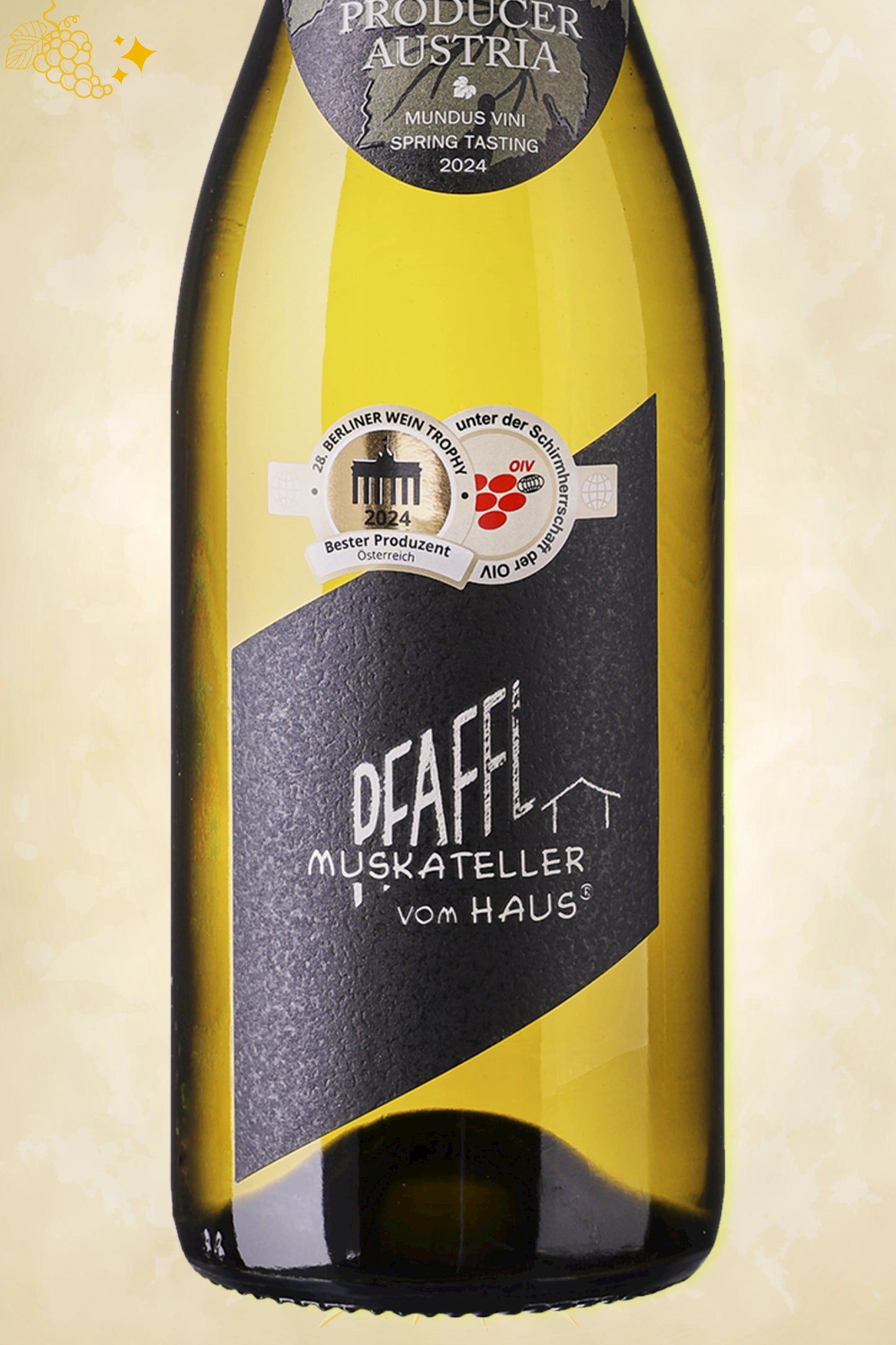 Close-up label Pfaffl Vom Haus Muskateller 2024 – Pfaffl logo en vintage details zichtbaar