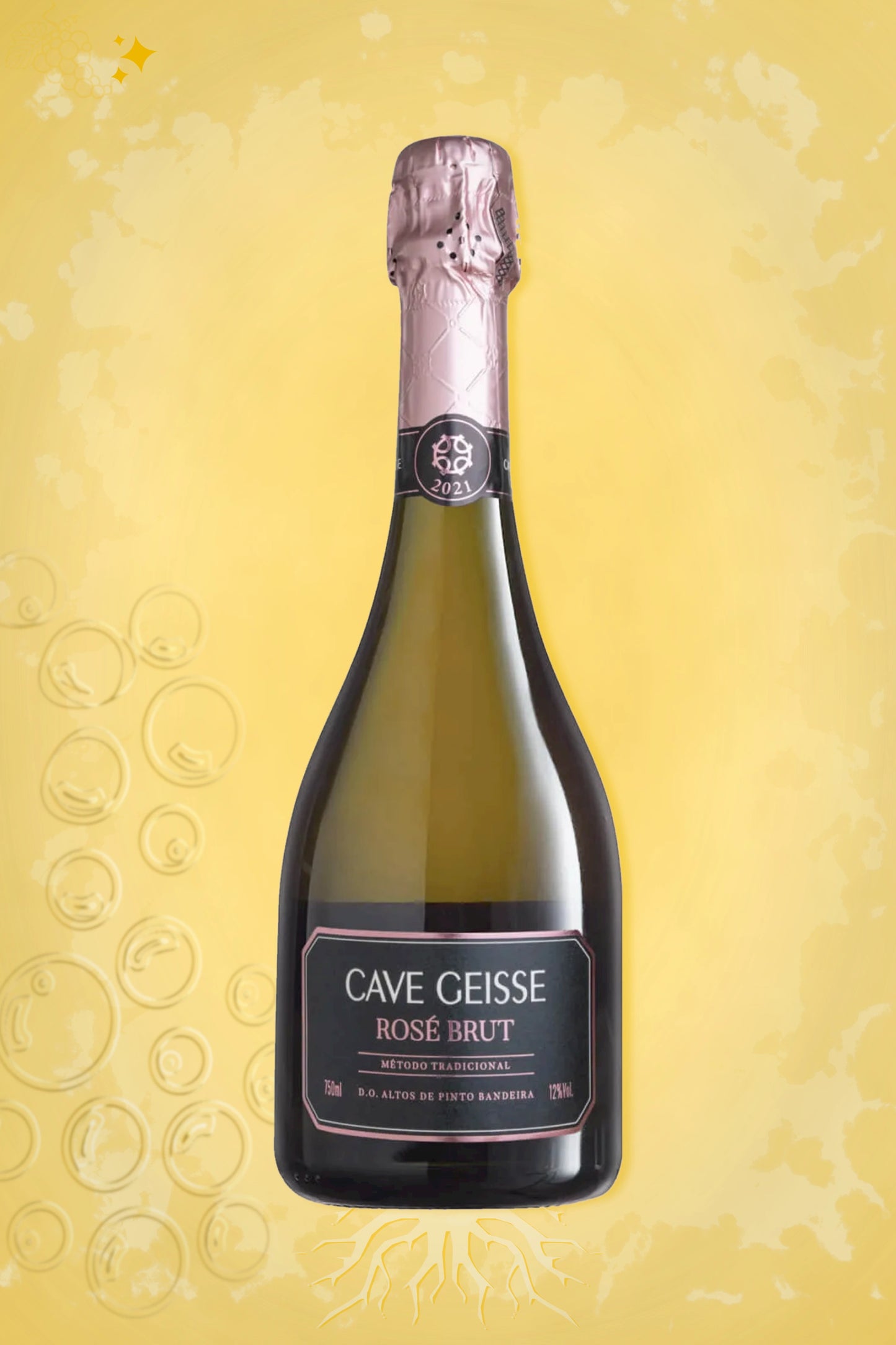 Fles Cave Geisse Brut Rosé 2022 mousserende rosé op tafel met glazen