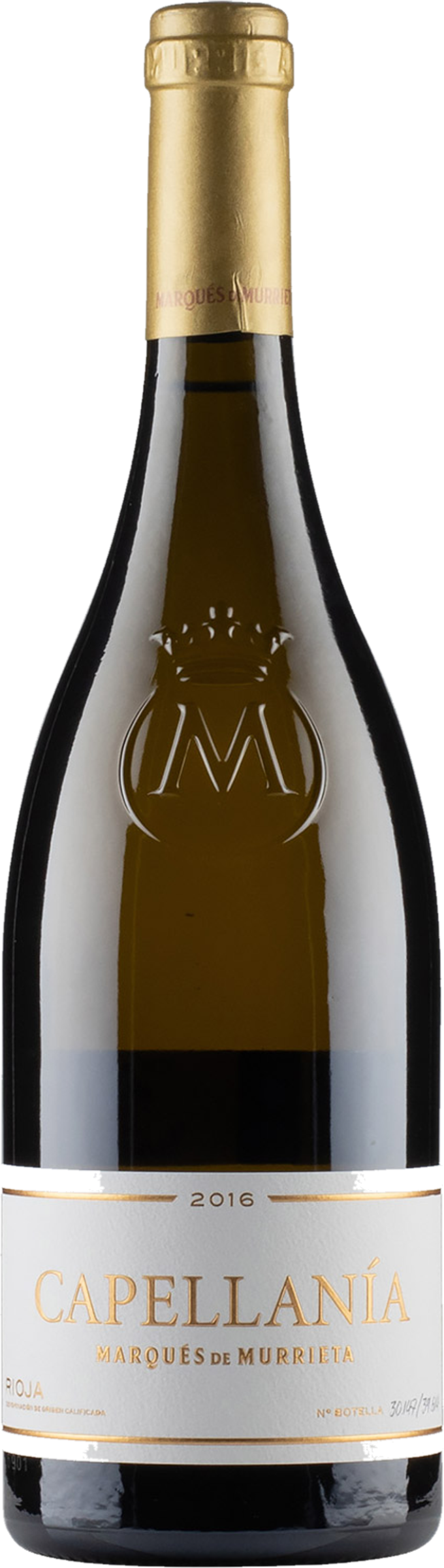 Capellanía Reserva Blanco 2016 tegen gouden achtergrond – premium witte wijn