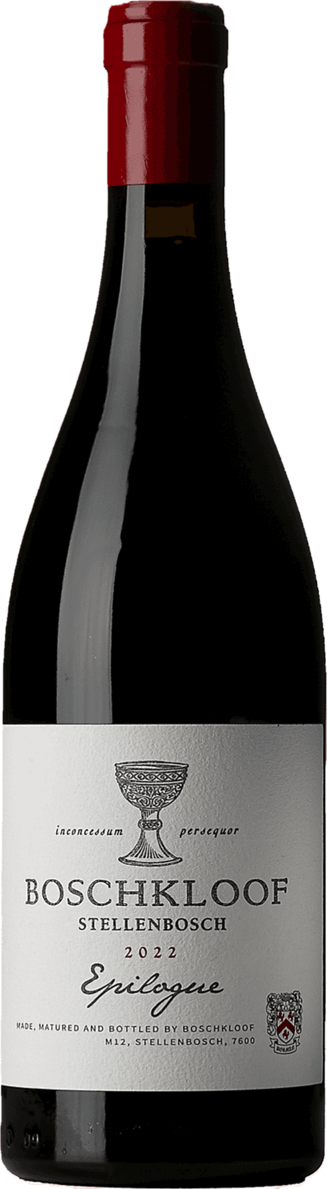 Boschkloof Epilogue Syrah 2022 tegen bordeaux achtergrond – premium rode wijn