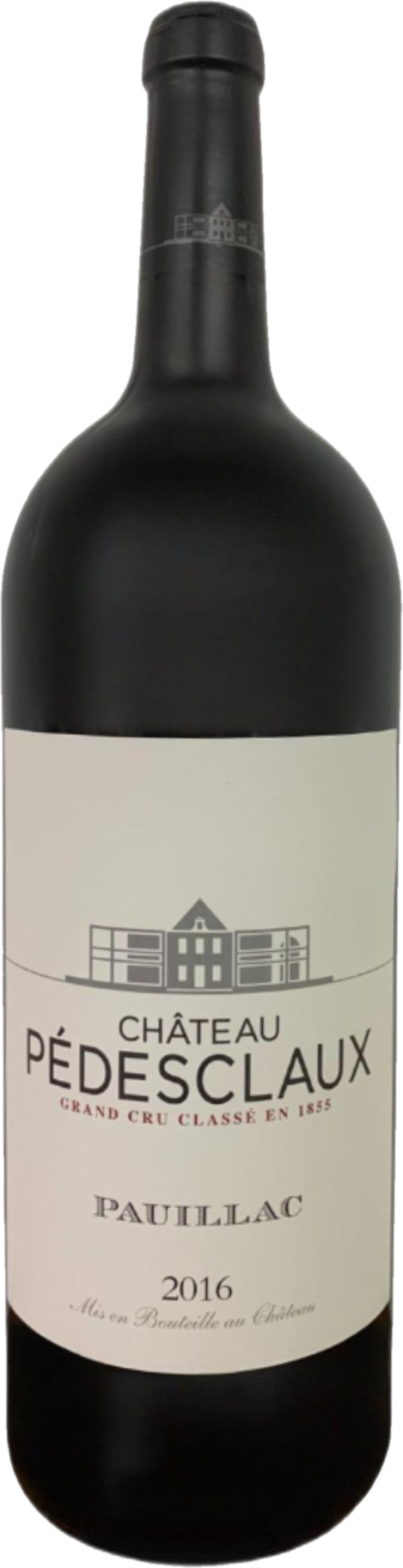 Château Pédesclaux Magnum 2016 tegen bordeaux achtergrond – premium rode Bordeaux wijn