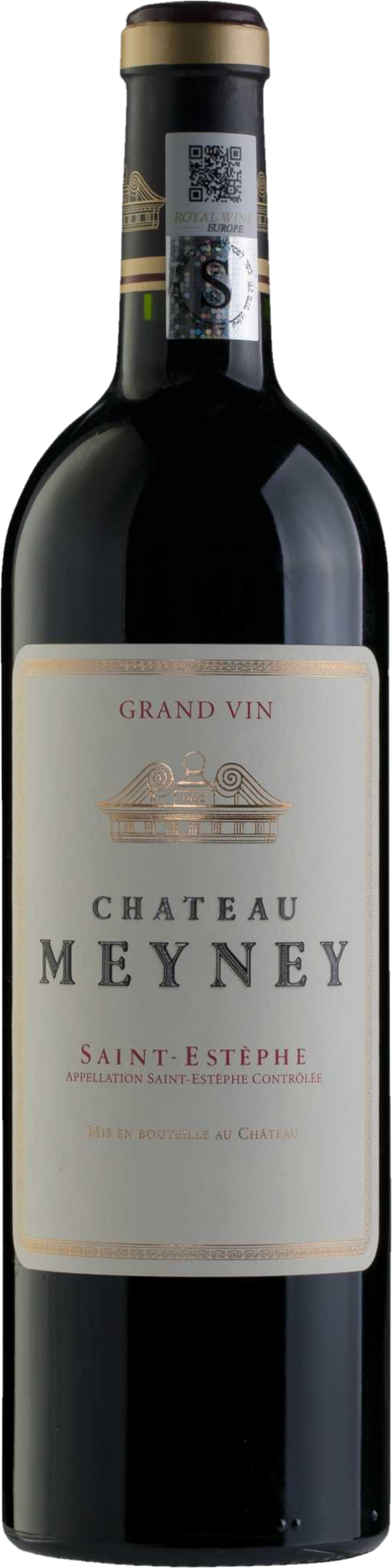 Château Meyney Saint-Estèphe 2018 tegen bordeaux achtergrond – klassieke rode wijn