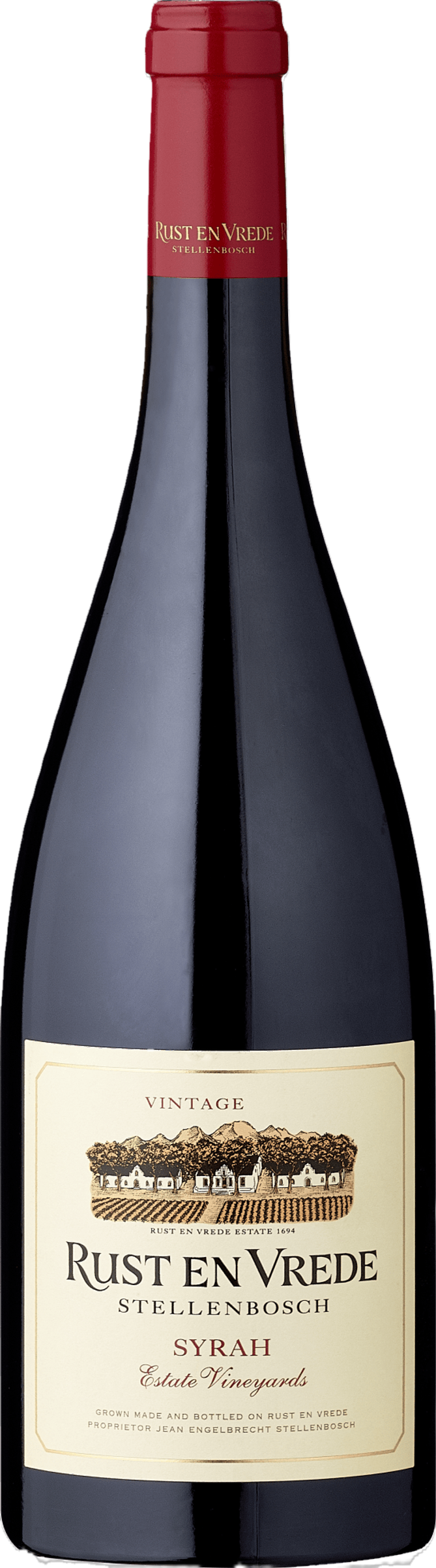 Rust en Vrede Shiraz 2017 tegen bordeaux achtergrond – premium rode wijn